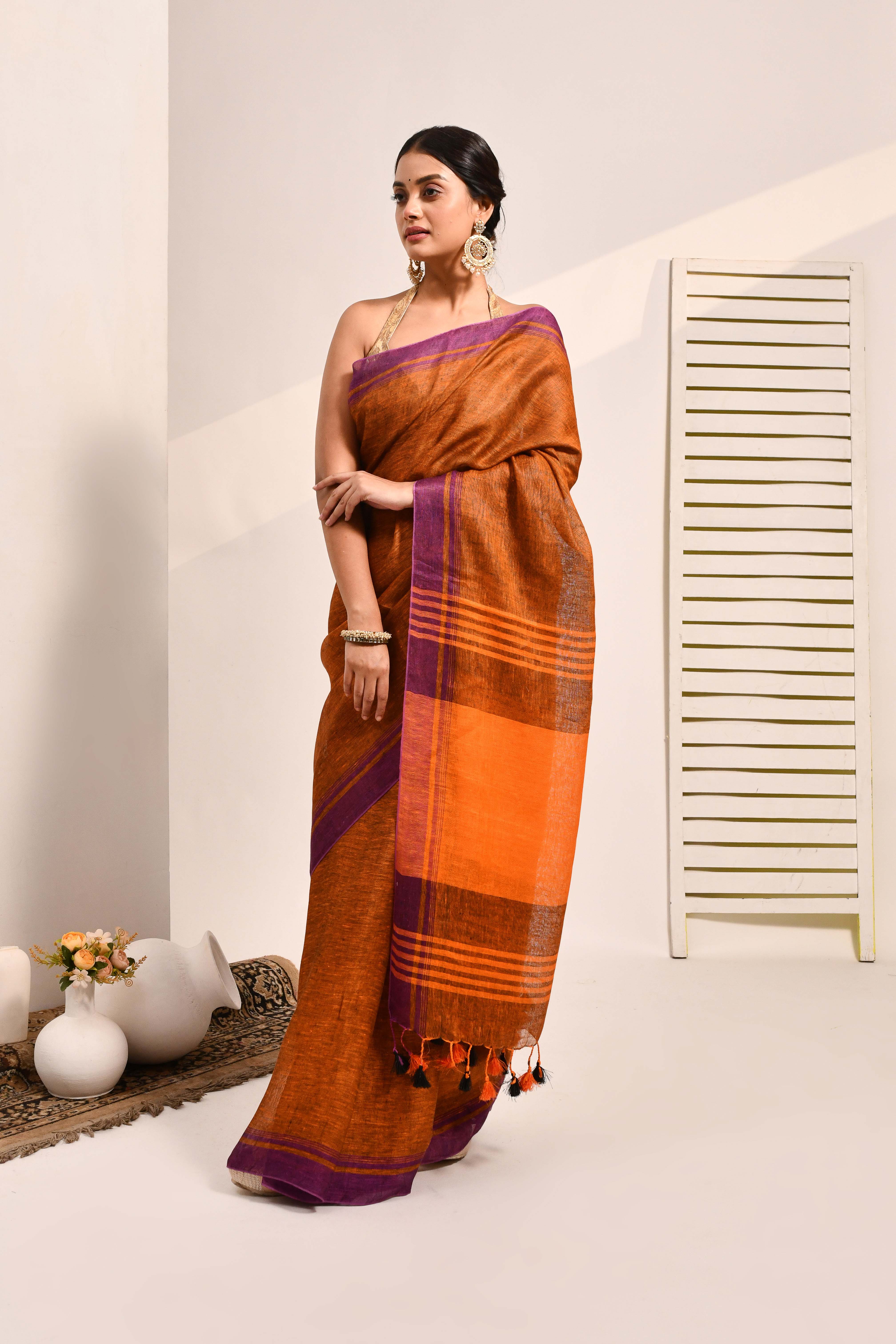 Vanya - Brown Organic Linen Saree With Tassels for Office and Daily Wear