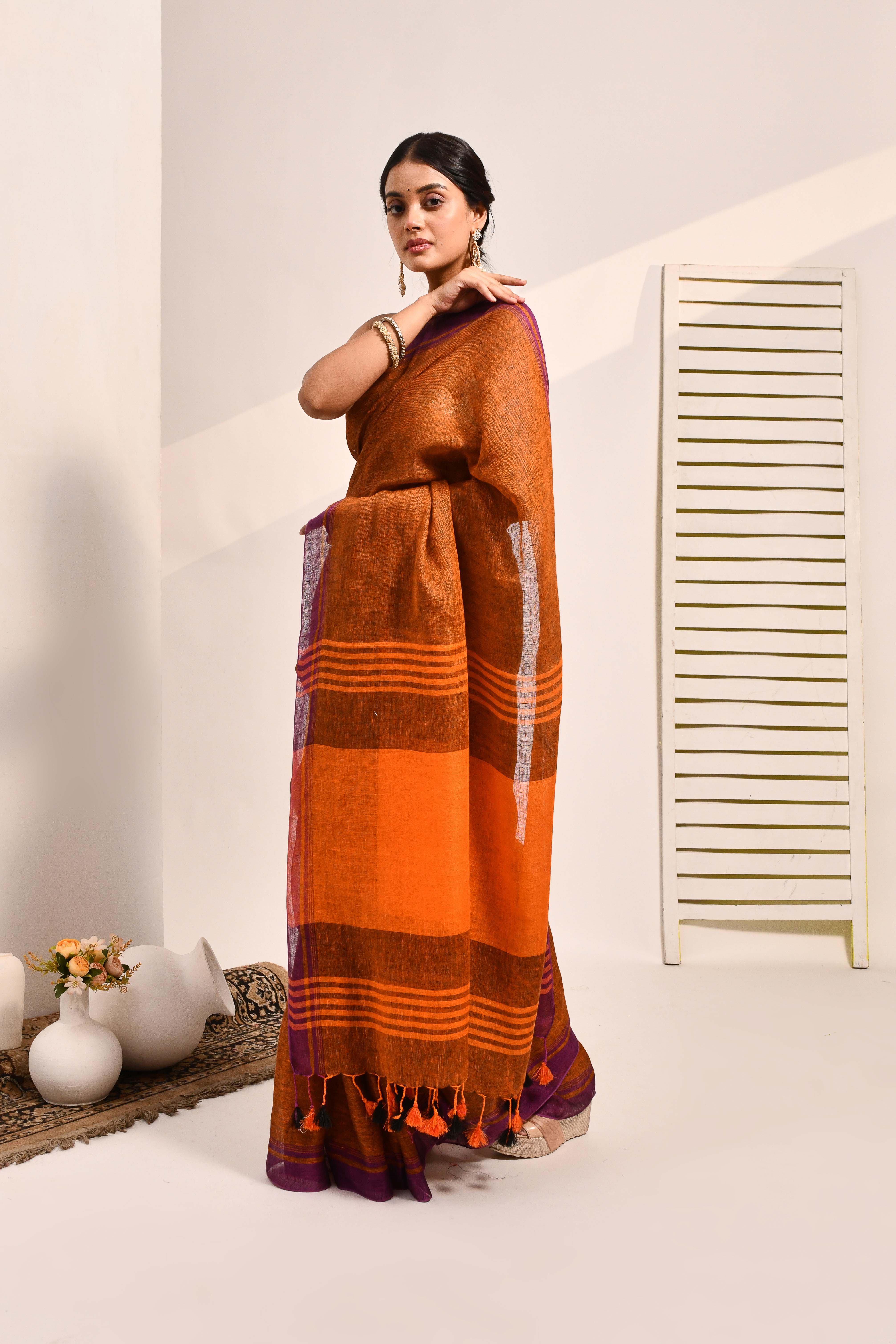 Vanya - Brown Organic Linen Saree With Tassels for Office and Daily Wear