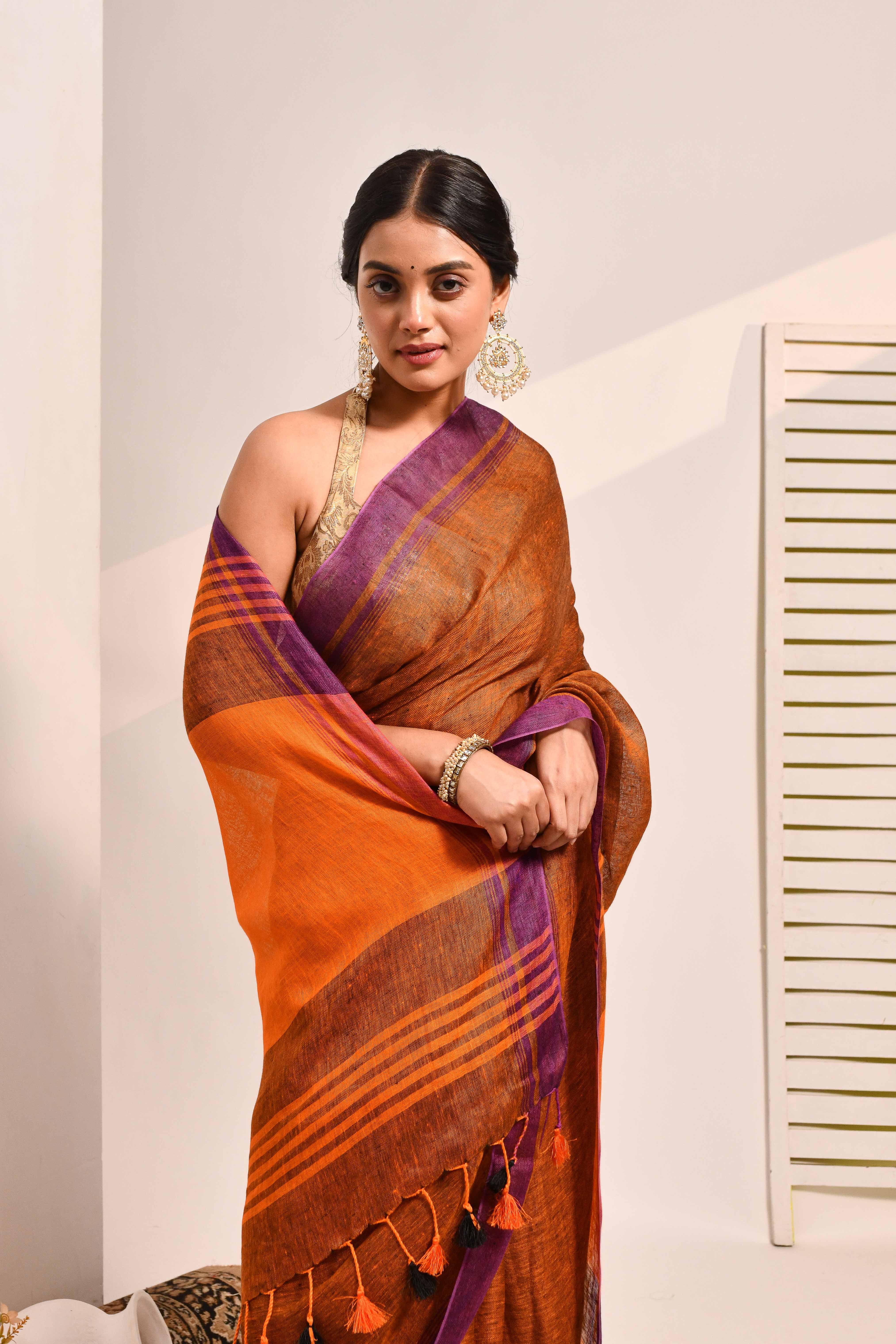 Vanya - Brown Organic Linen Saree With Tassels for Office and Daily Wear