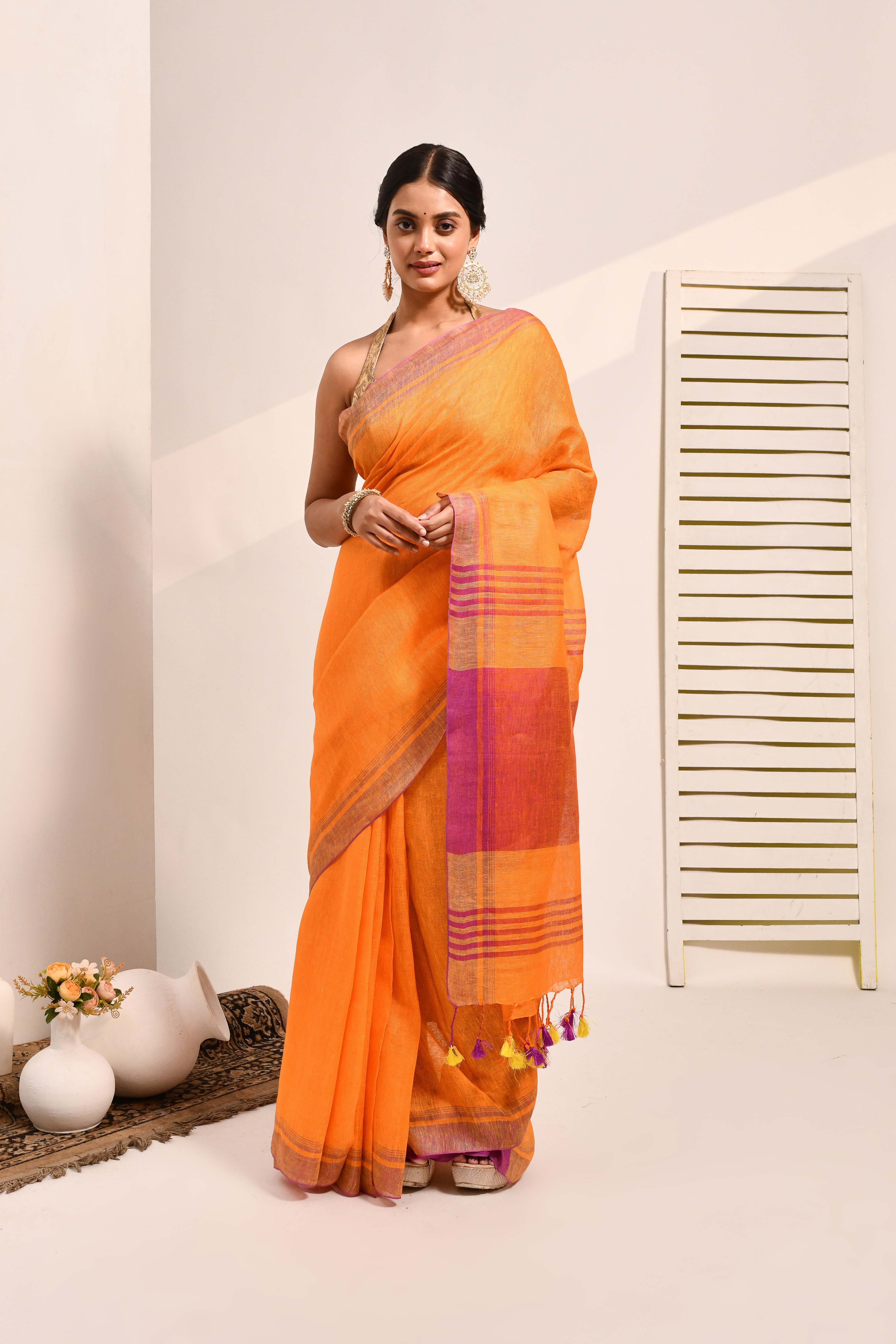 Vanya - Saffron Organic Linen Saree With Tassels for Office and Daily Wear