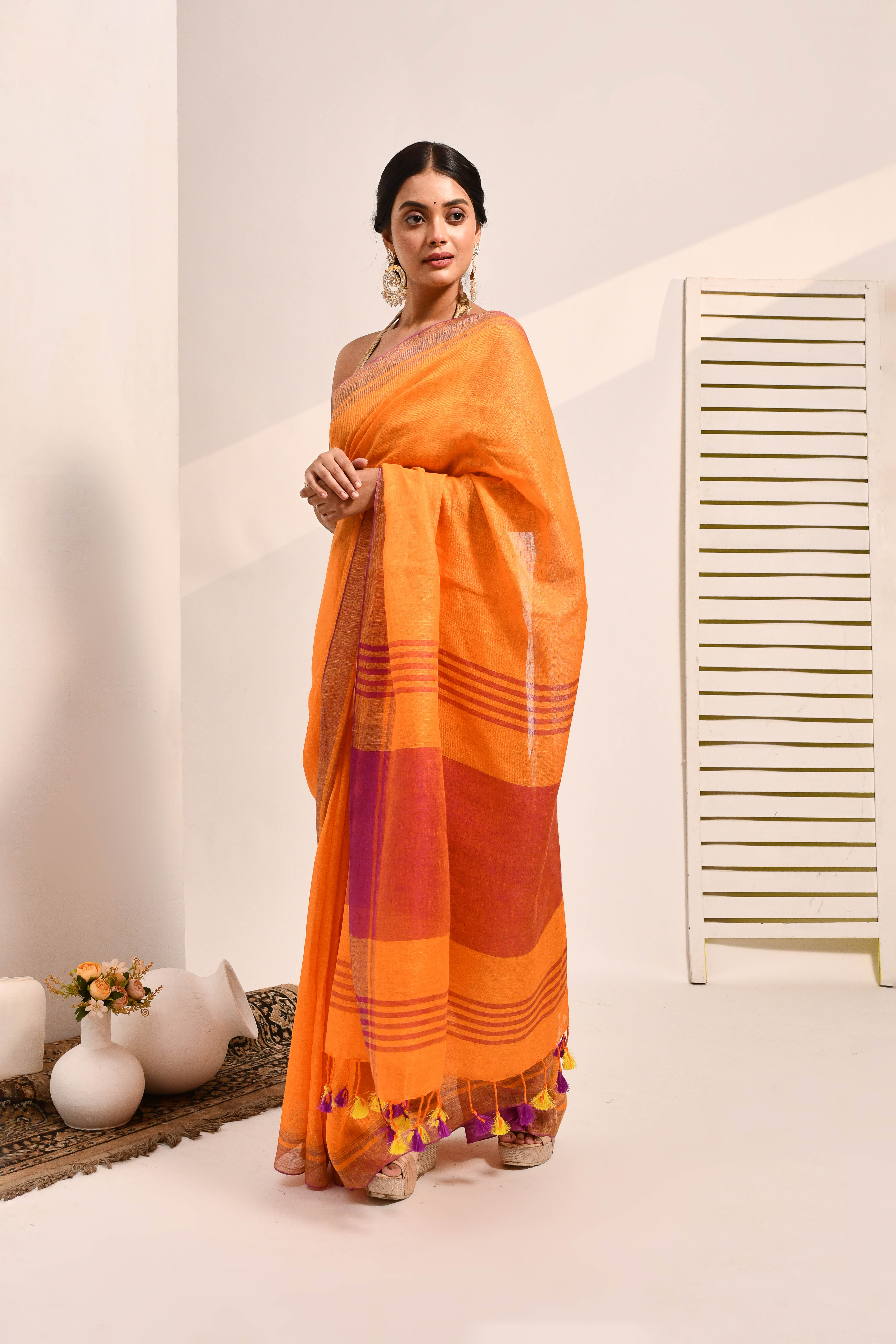 Vanya - Saffron Organic Linen Saree With Tassels for Office and Daily Wear