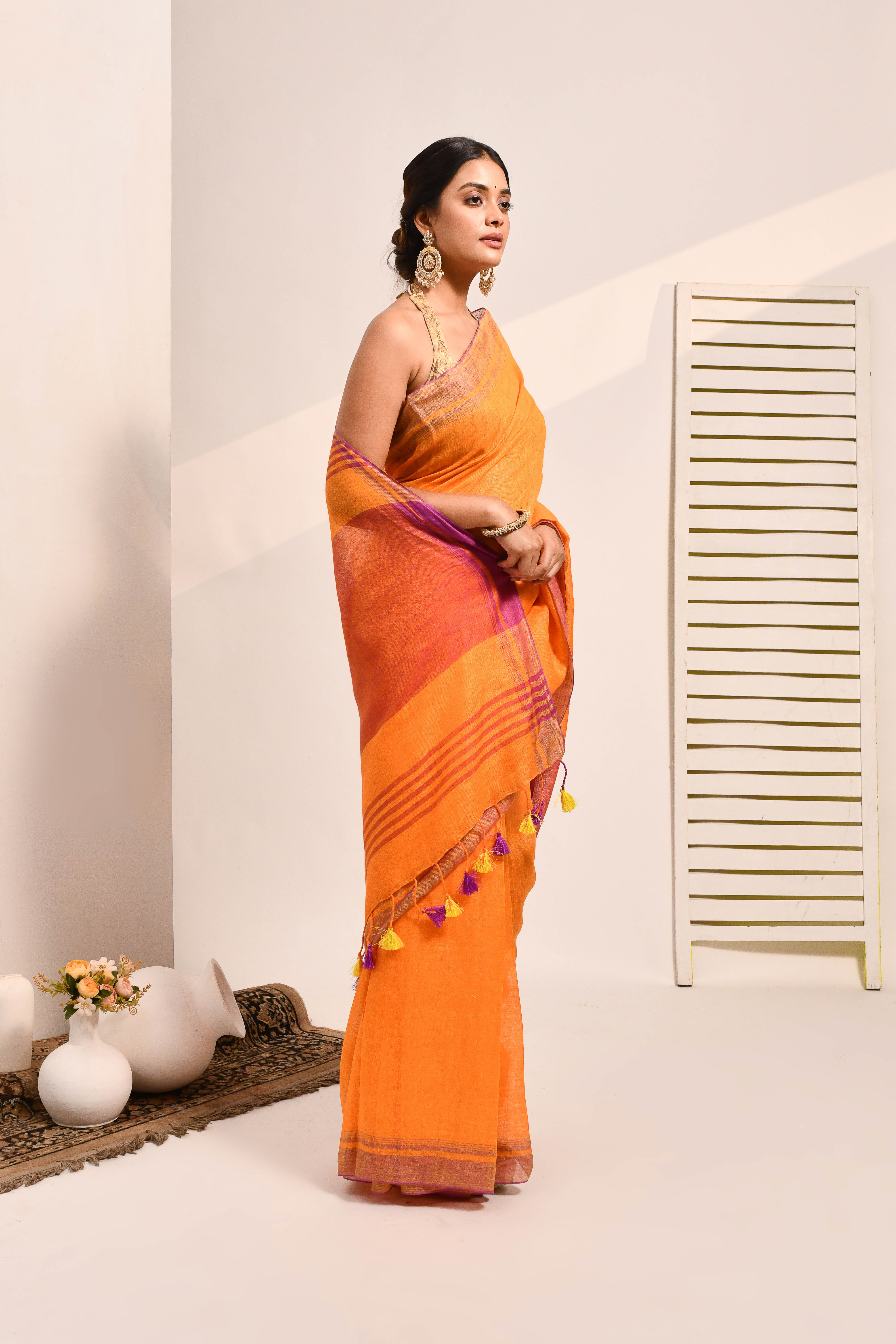 Vanya - Saffron Organic Linen Saree With Tassels for Office and Daily Wear