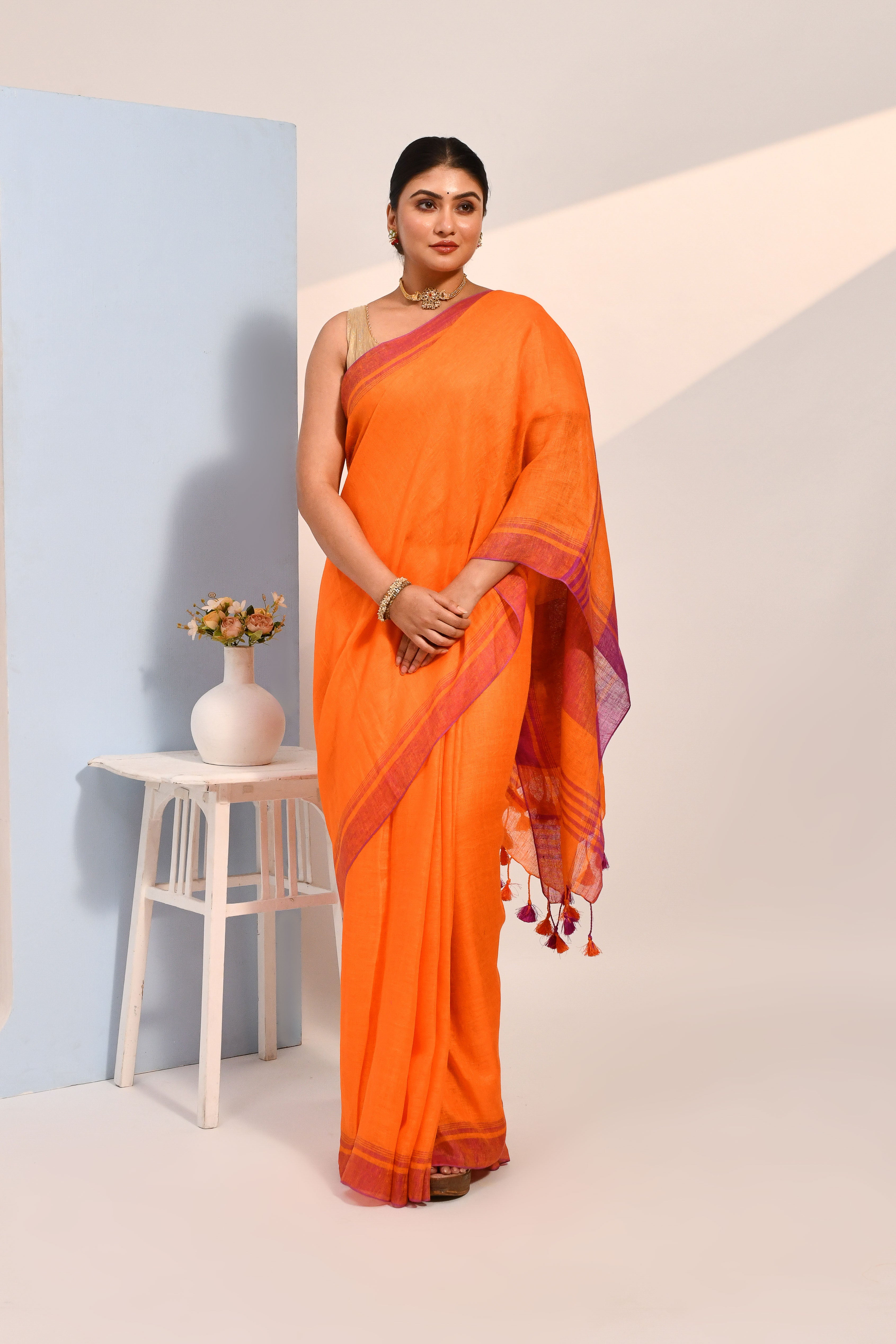 Vanya - Dark Orange Organic Linen Saree With Tassels for Office and Daily Wear