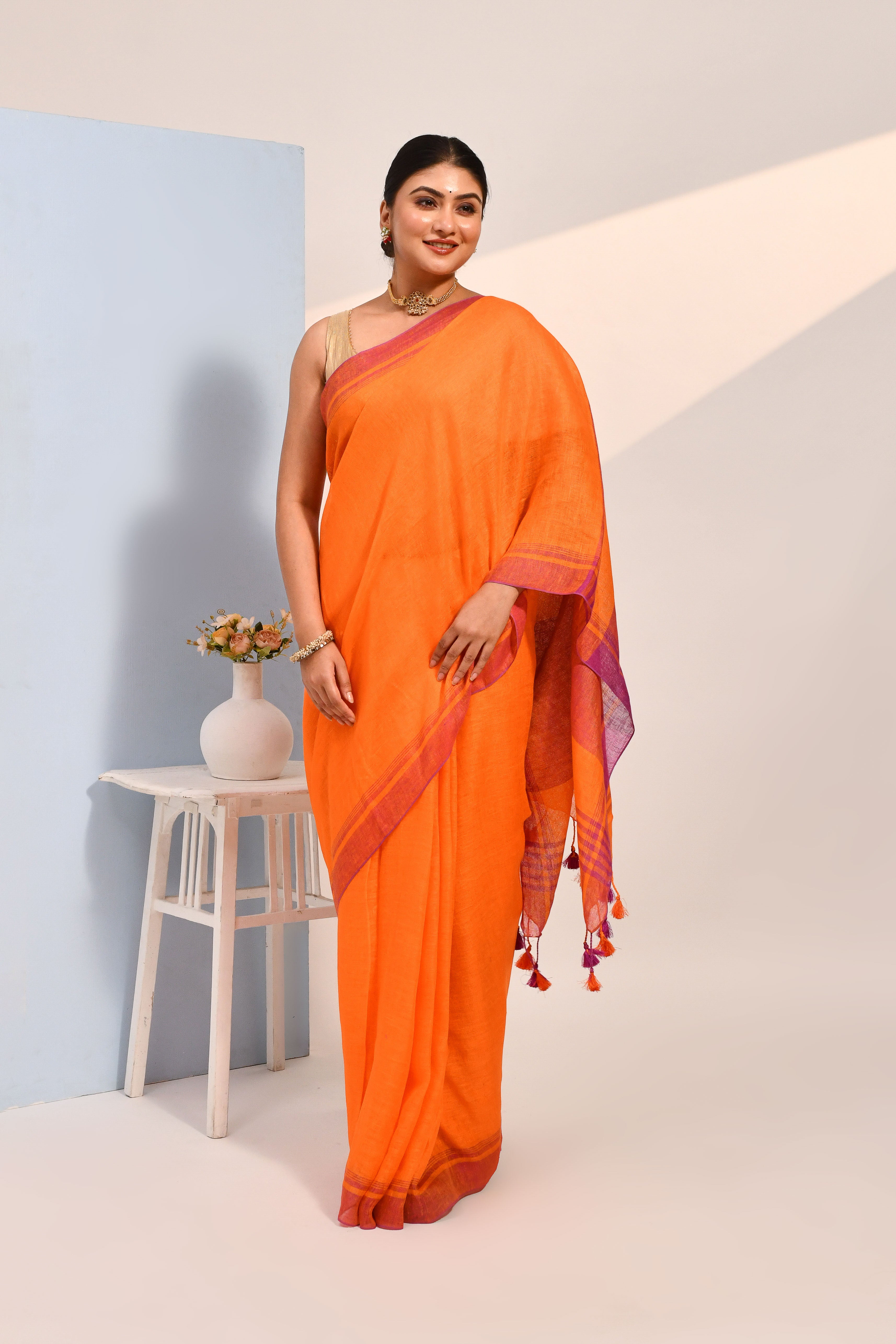 Vanya - Dark Orange Organic Linen Saree With Tassels for Office and Daily Wear