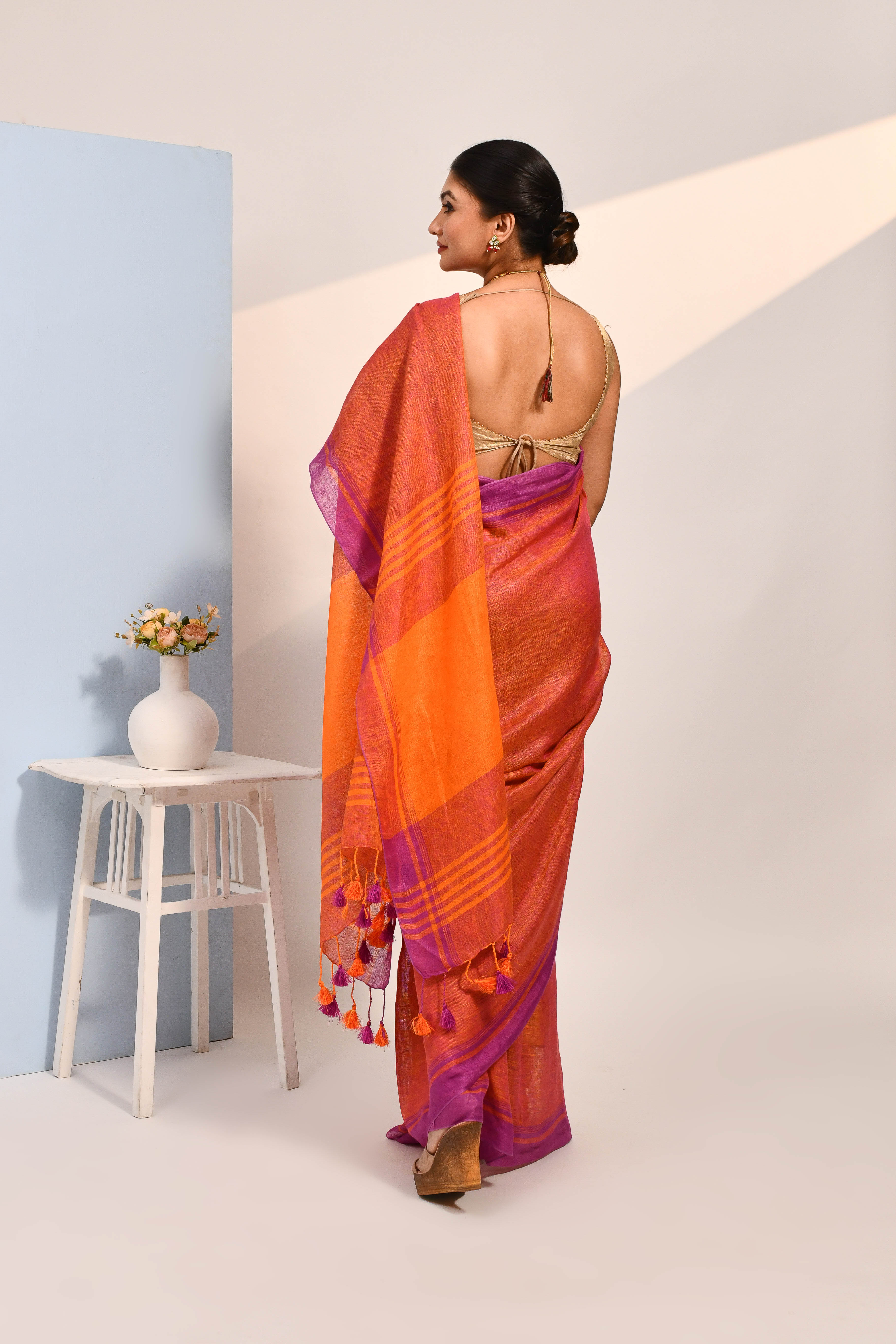 Vanya - Purple Organic Linen Saree With Tassels for Office and Daily Wear