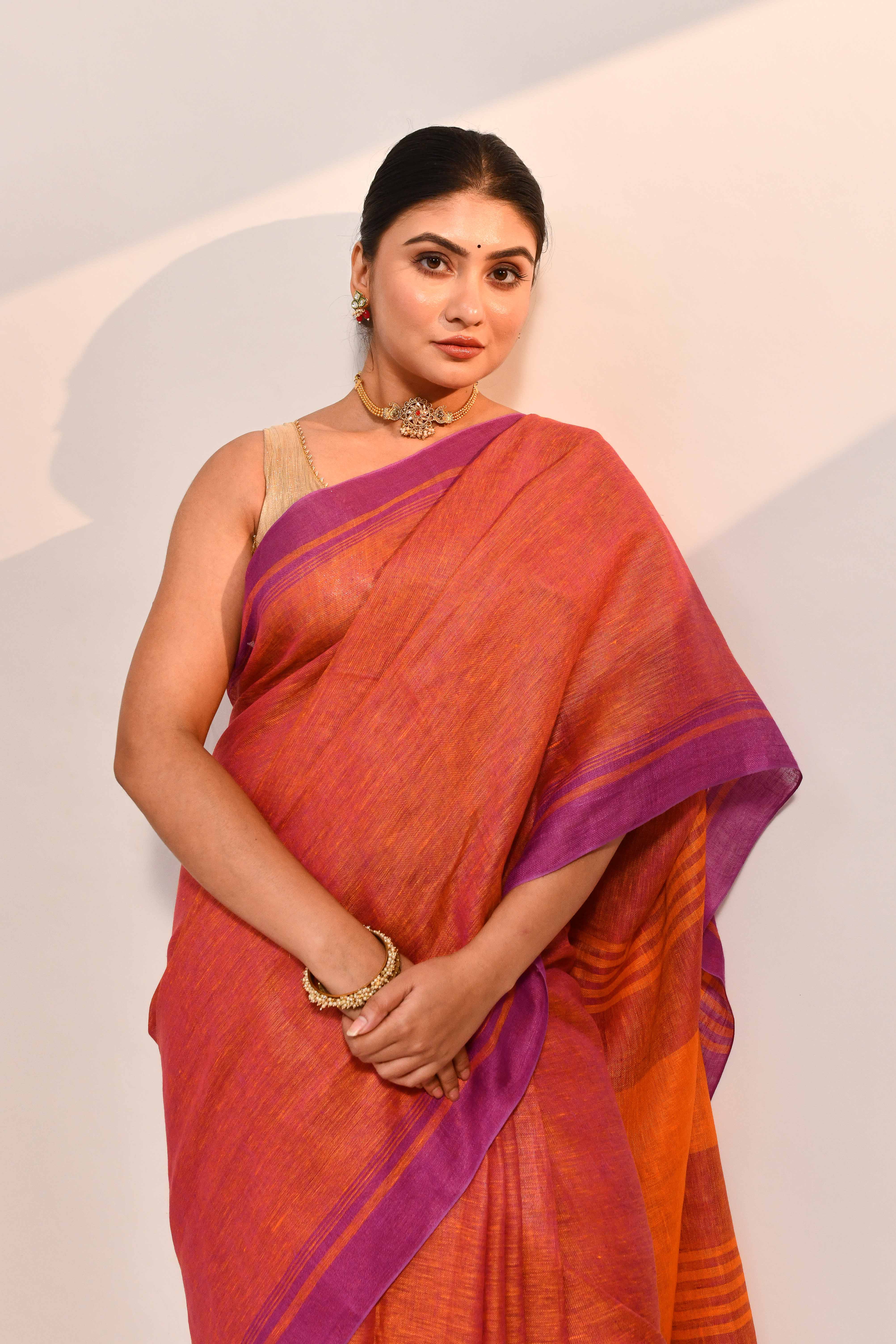 Vanya - Purple Organic Linen Saree With Tassels for Office and Daily Wear