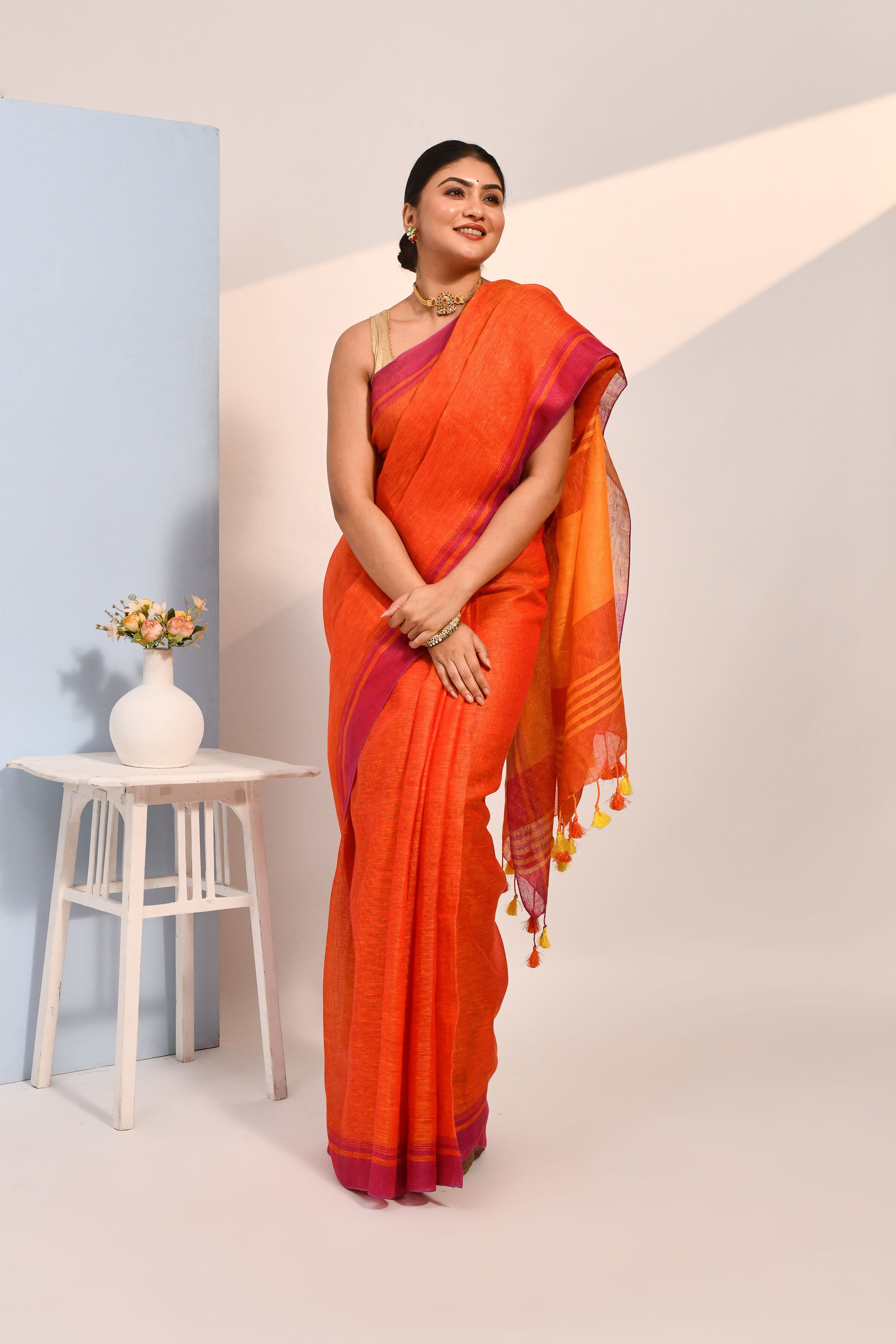 Vanya - Red Organic Linen Saree With Tassels for Office and Daily Wear