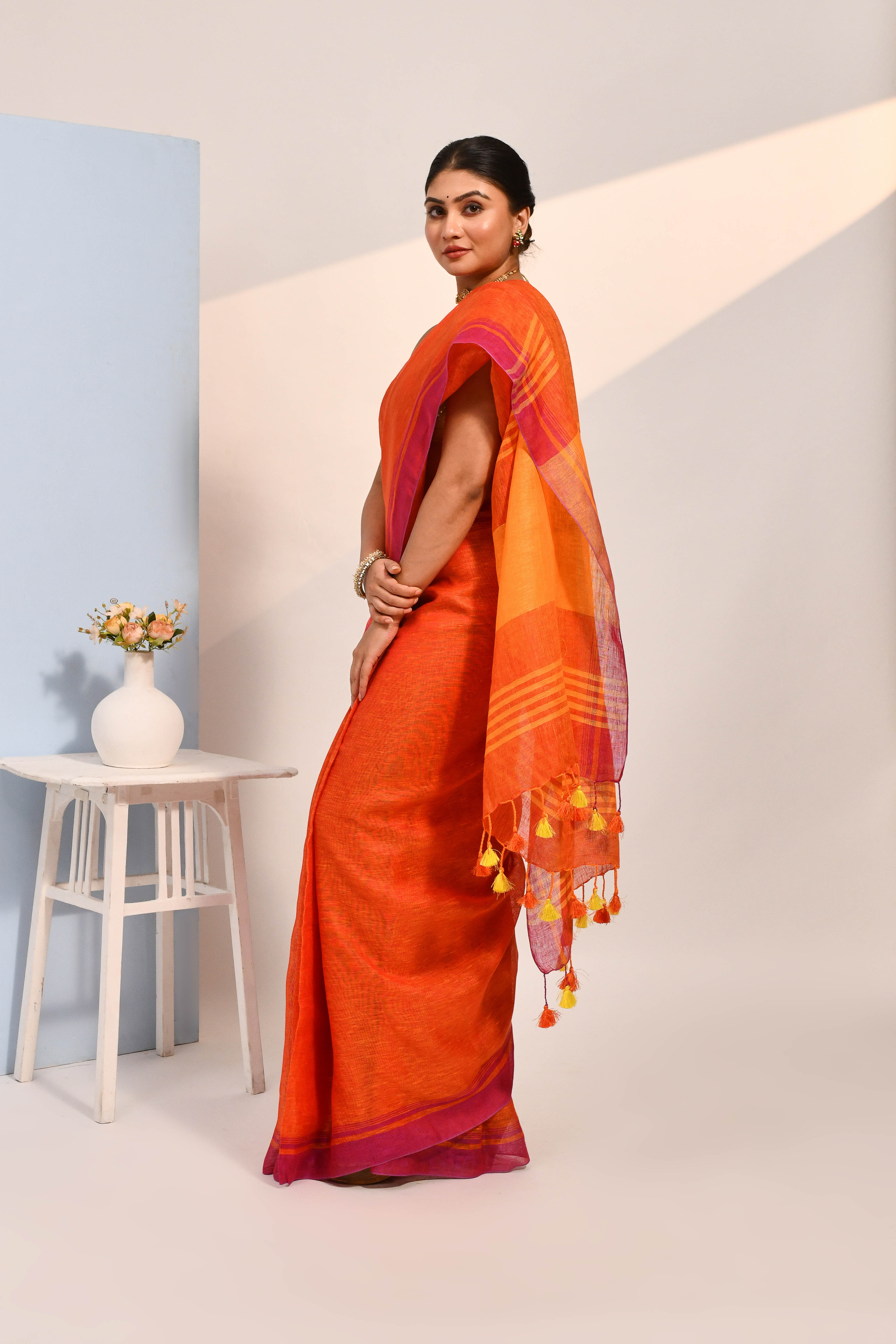Vanya - Red Organic Linen Saree With Tassels for Office and Daily Wear