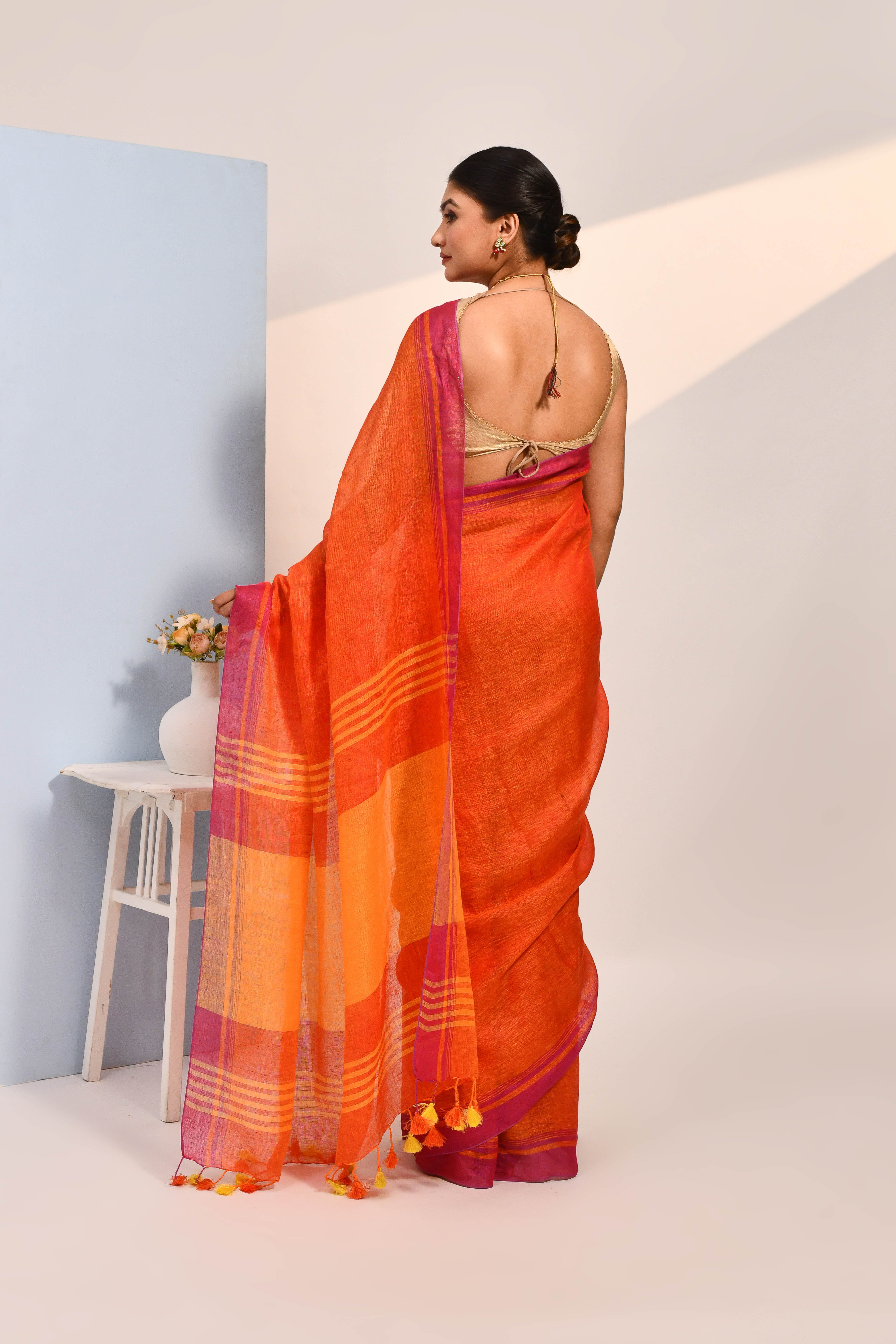 Vanya - Red Organic Linen Saree With Tassels for Office and Daily Wear