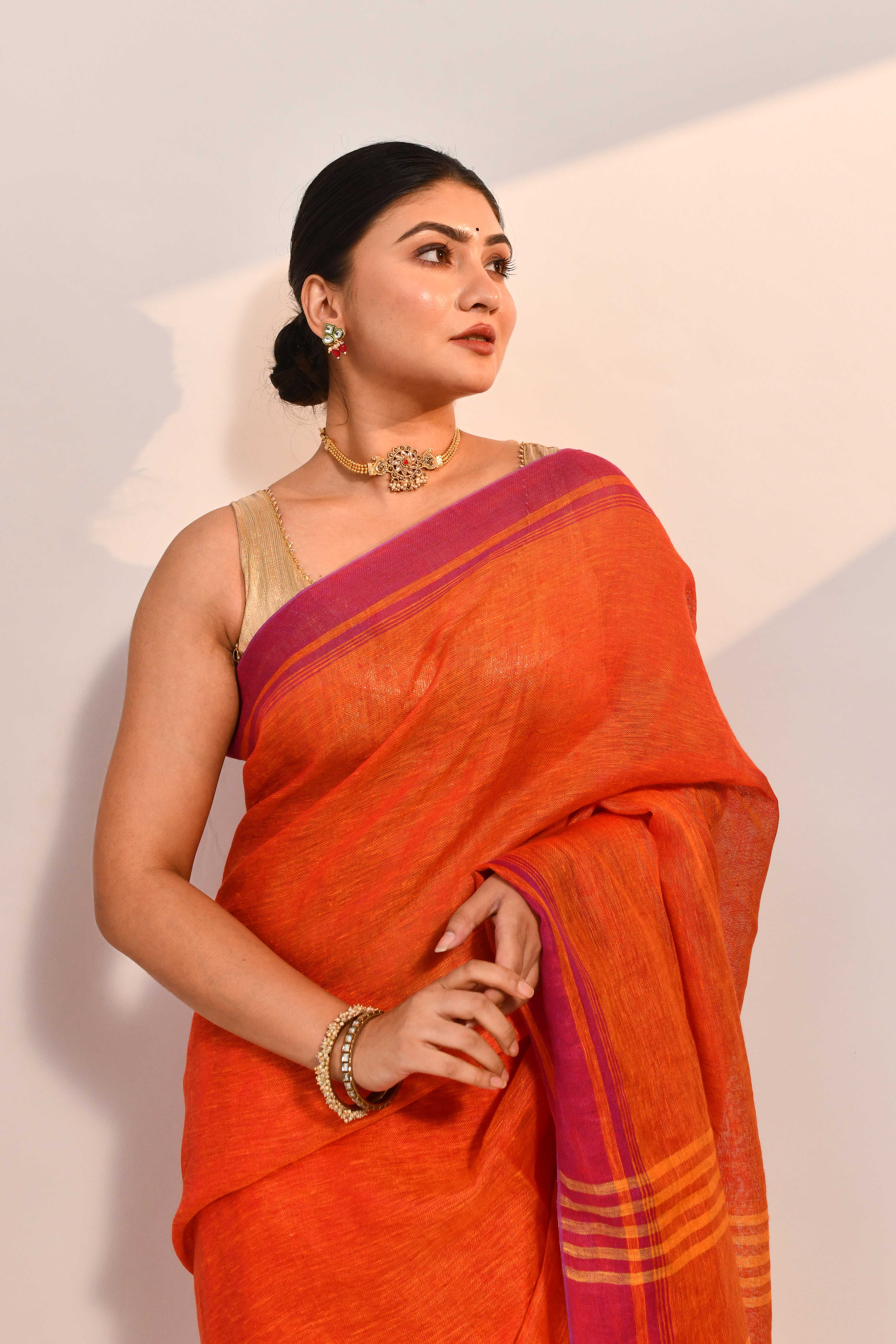 Vanya - Red Organic Linen Saree With Tassels for Office and Daily Wear