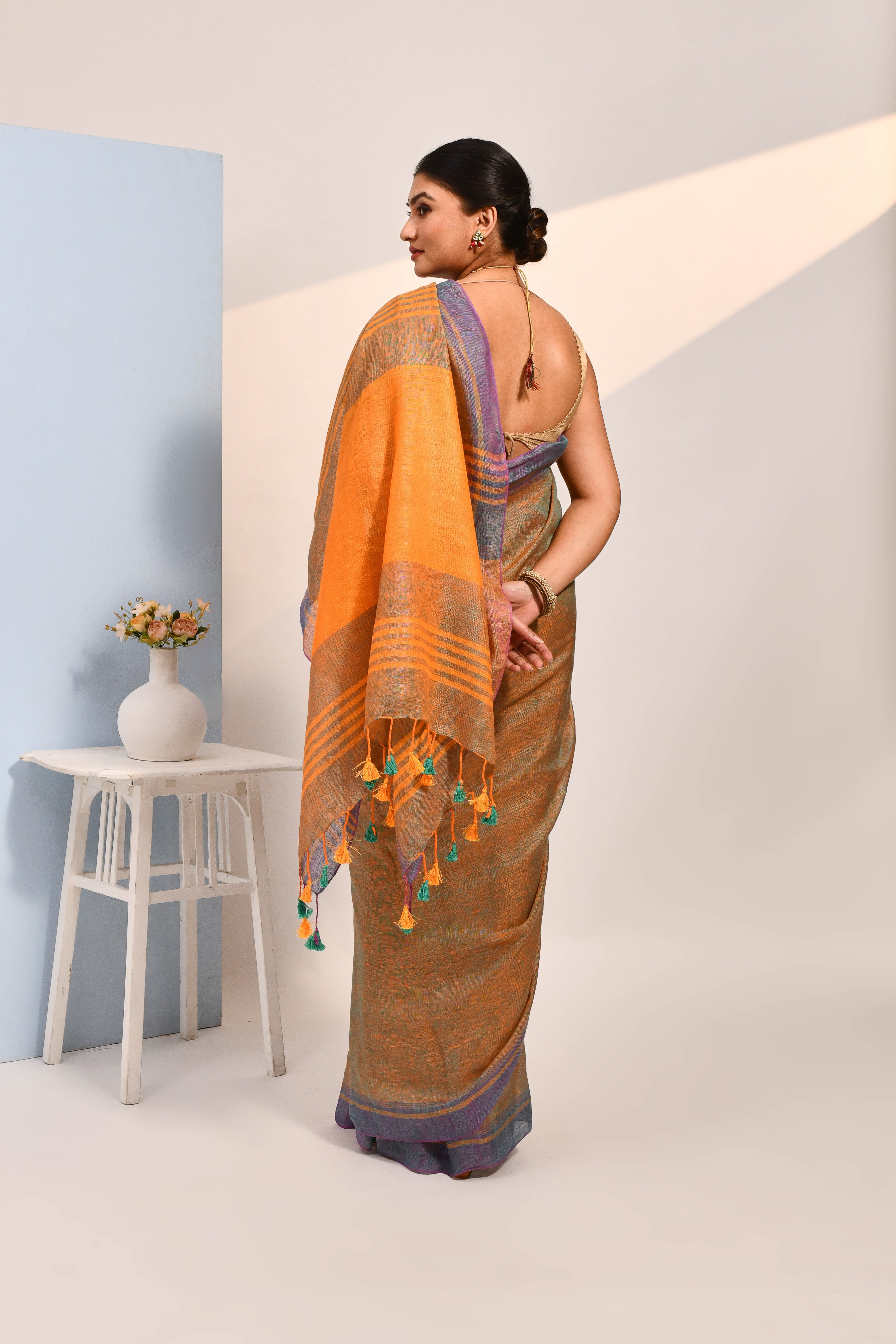 Vanya - Teal Organic Linen Saree With Tassels for Office and Daily Wear