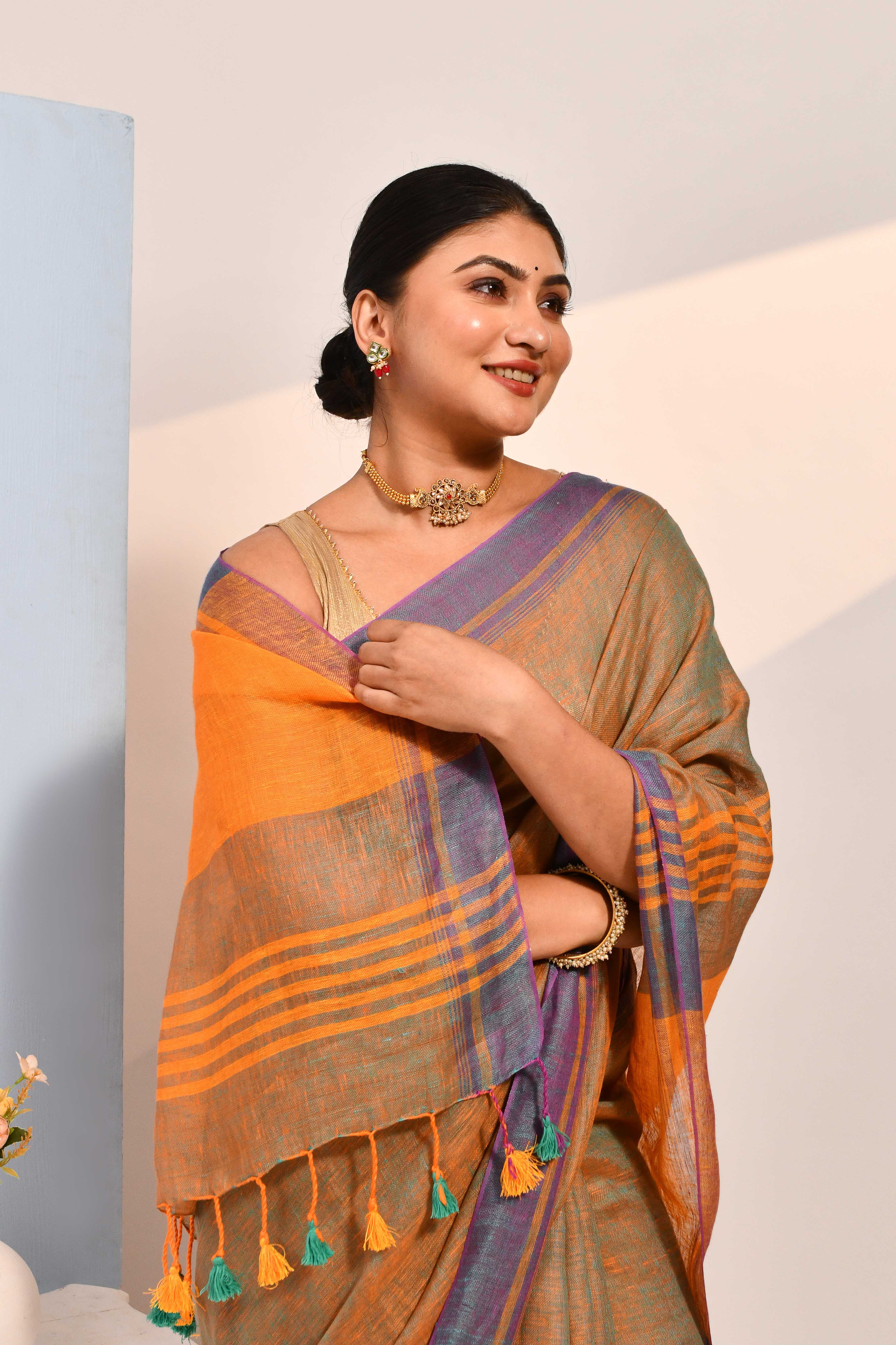 Vanya - Teal Organic Linen Saree With Tassels for Office and Daily Wear