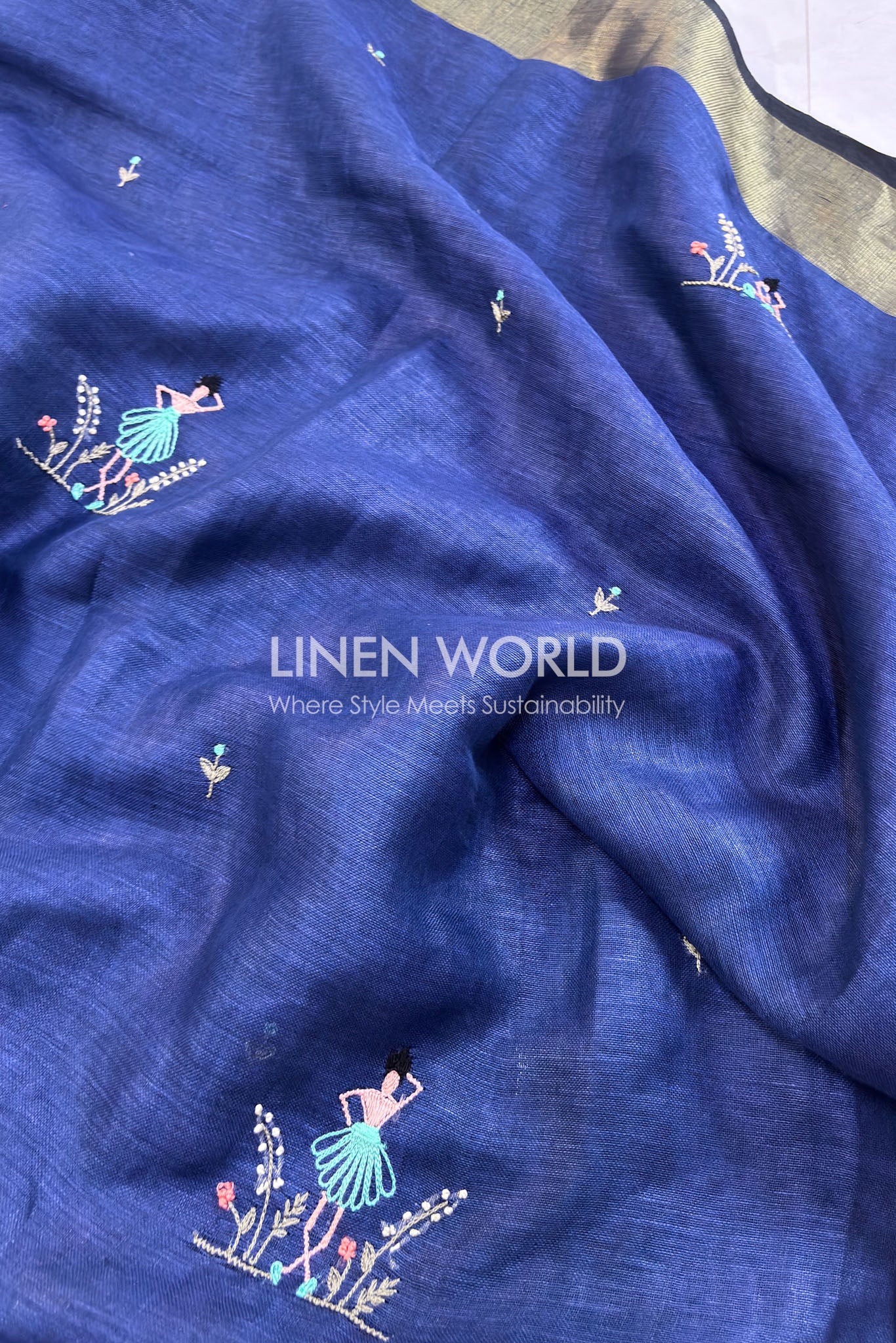 navy blue pure linen saree with french knot hand embroidery by linen world