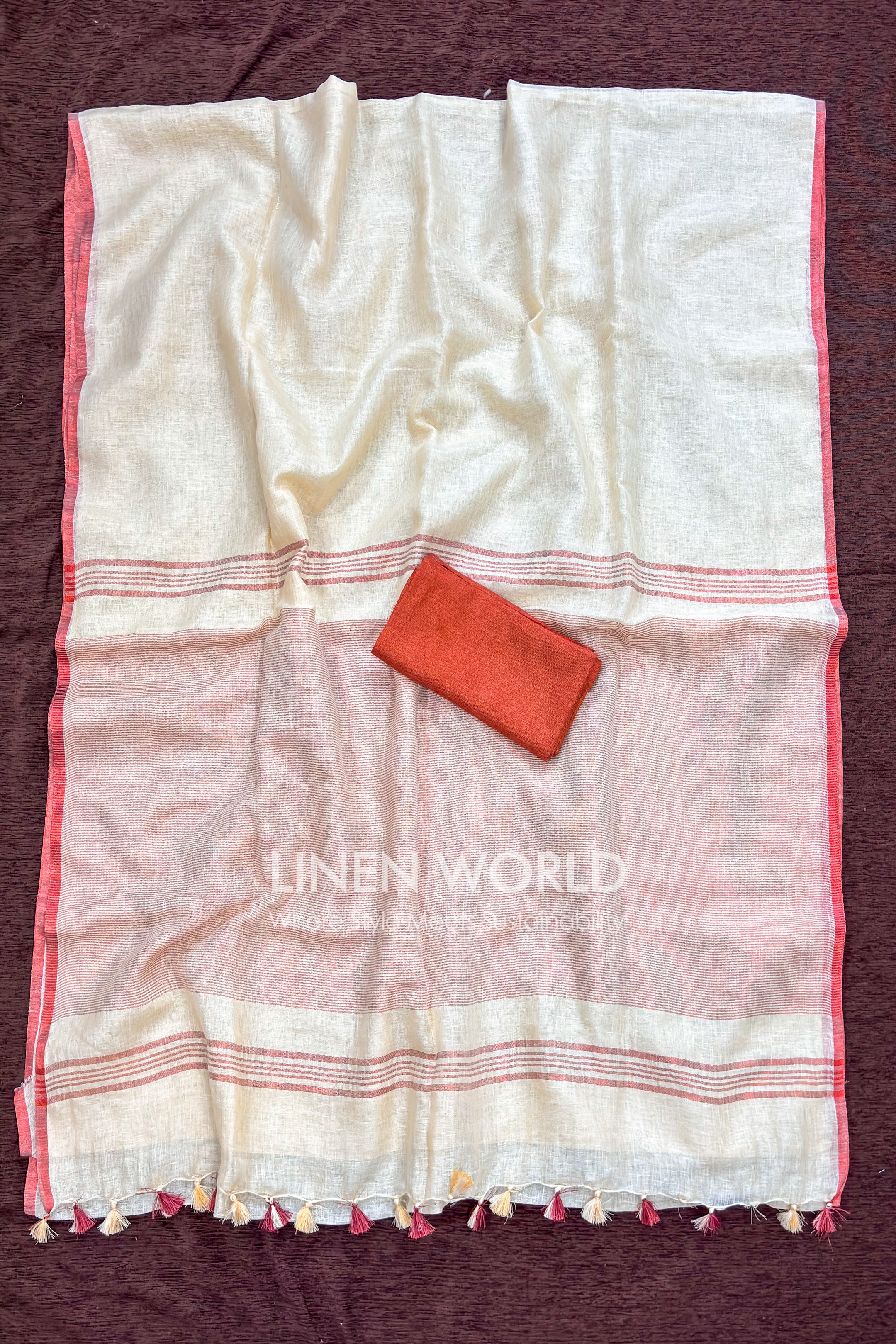 Handwoven Bhagalpur linen saree showing full saree weave and border texture - linen world