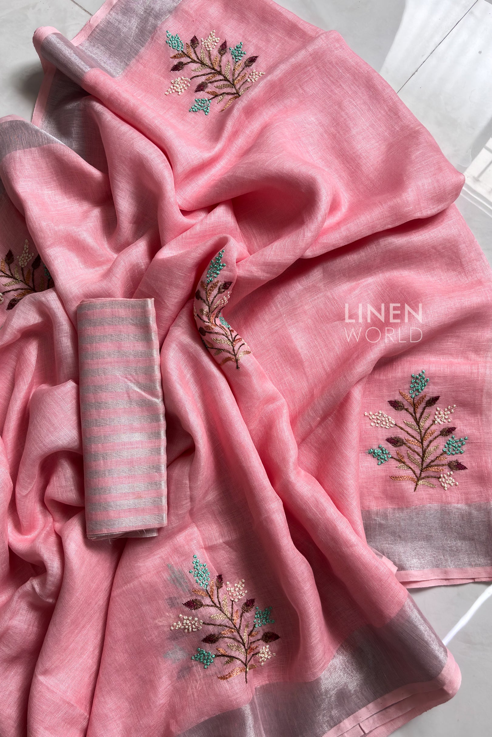 Pink Linen French Knot Work Saree with striped blouse piece – Linen World
