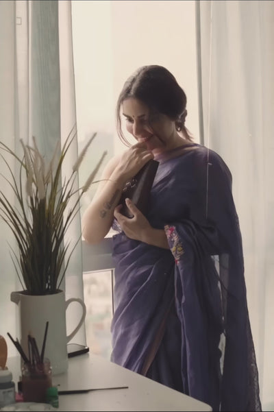 adah - french knot silk linen saree (video) - linenworldonline.in