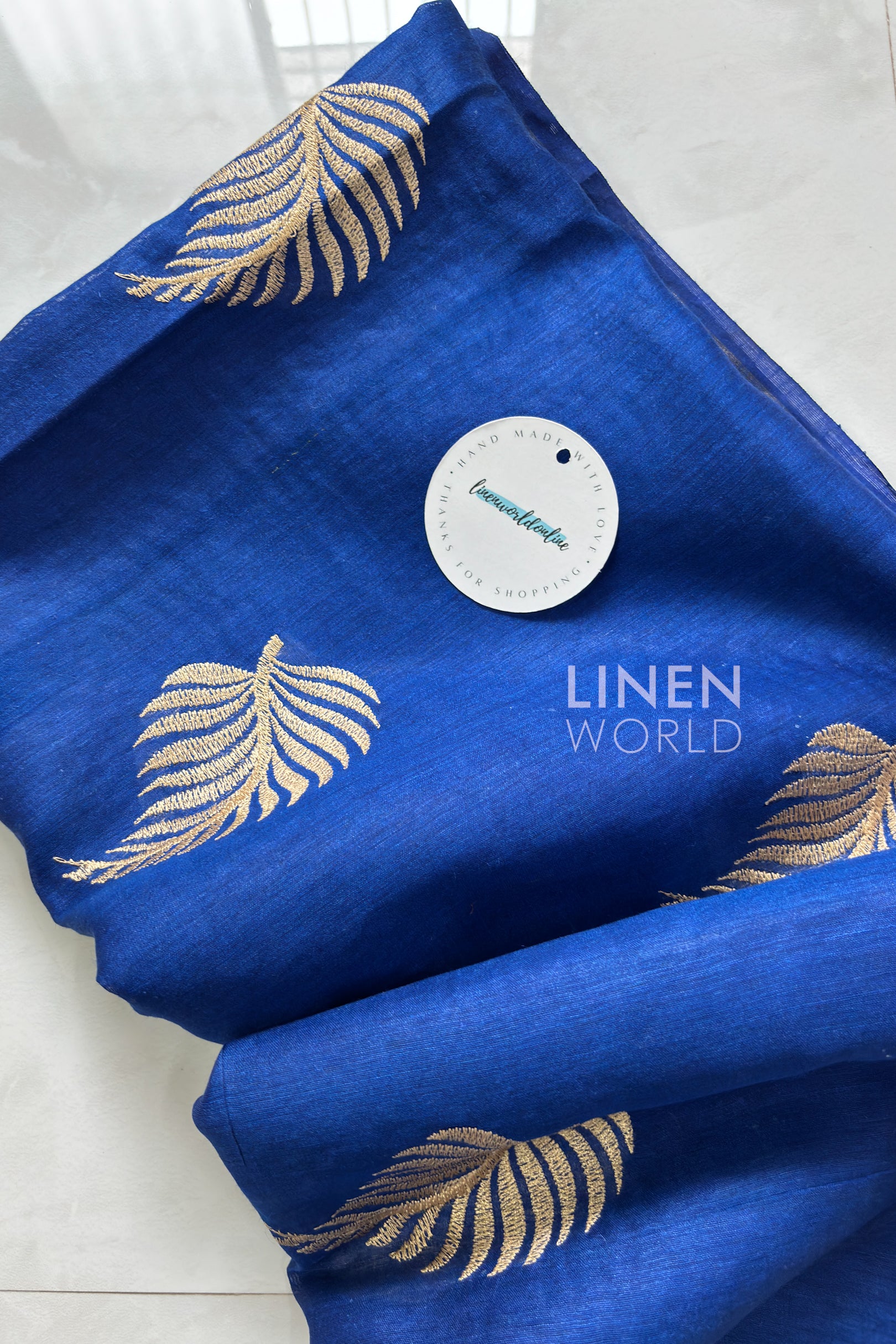 Close-up of digital embroidery detailing on Royal Blue Pure Muga Silk Saree by Linen World
