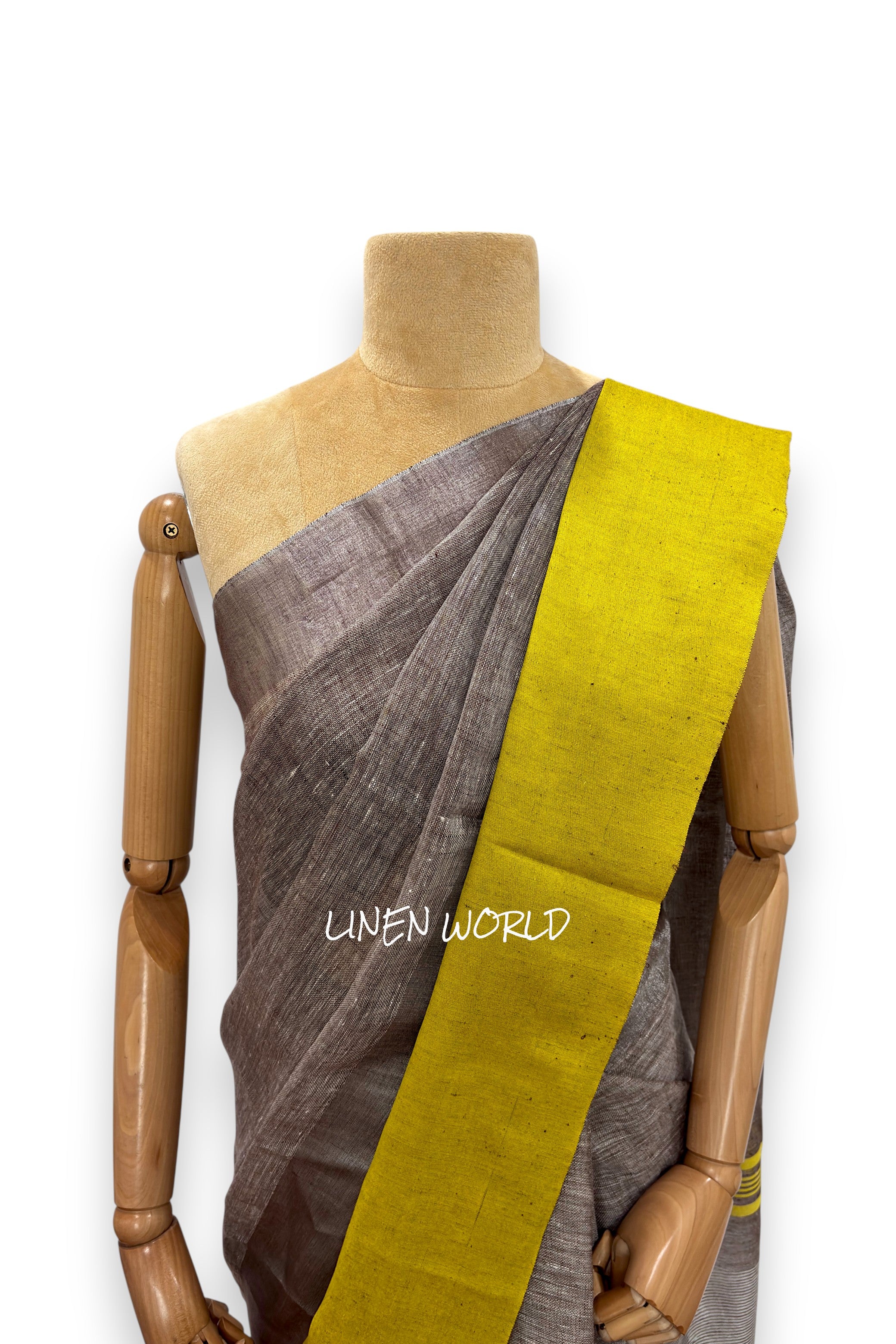 remium handwoven brown linen saree by Linen World