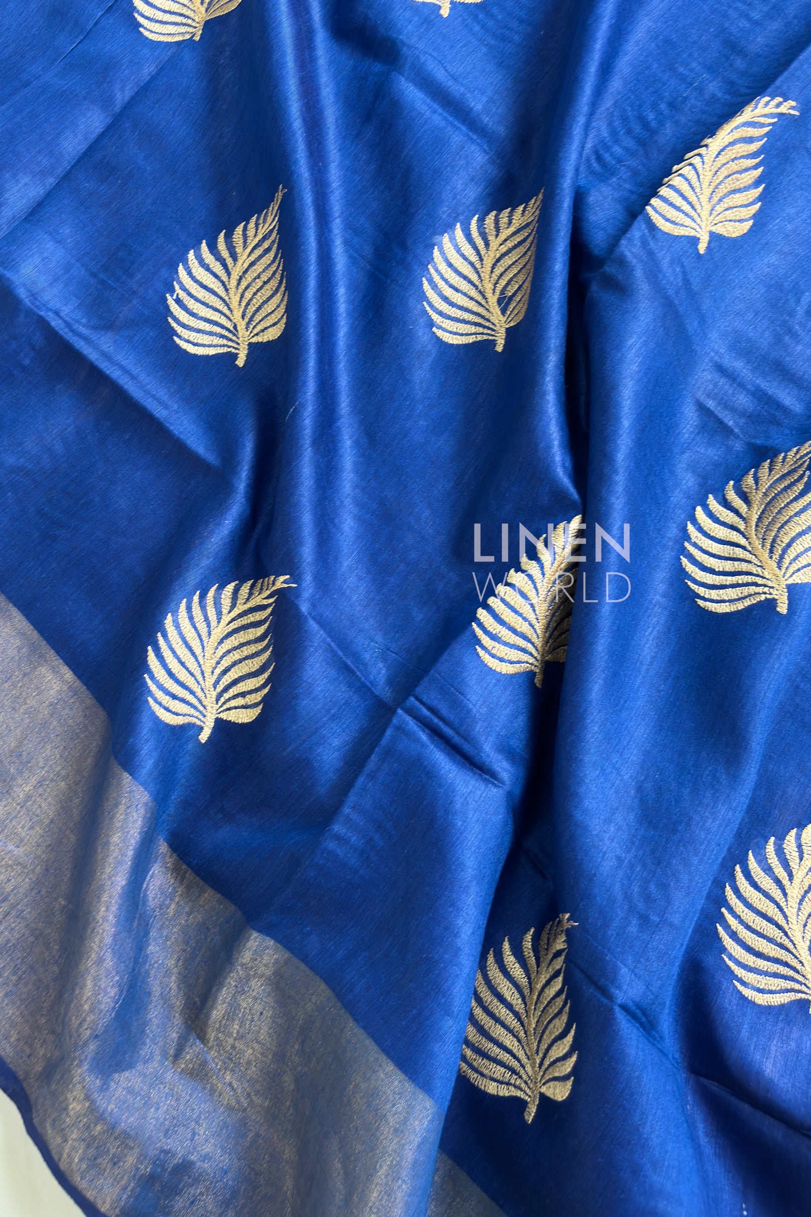 Royal Blue Muga Silk Saree with running solid blouse piece by Linen World