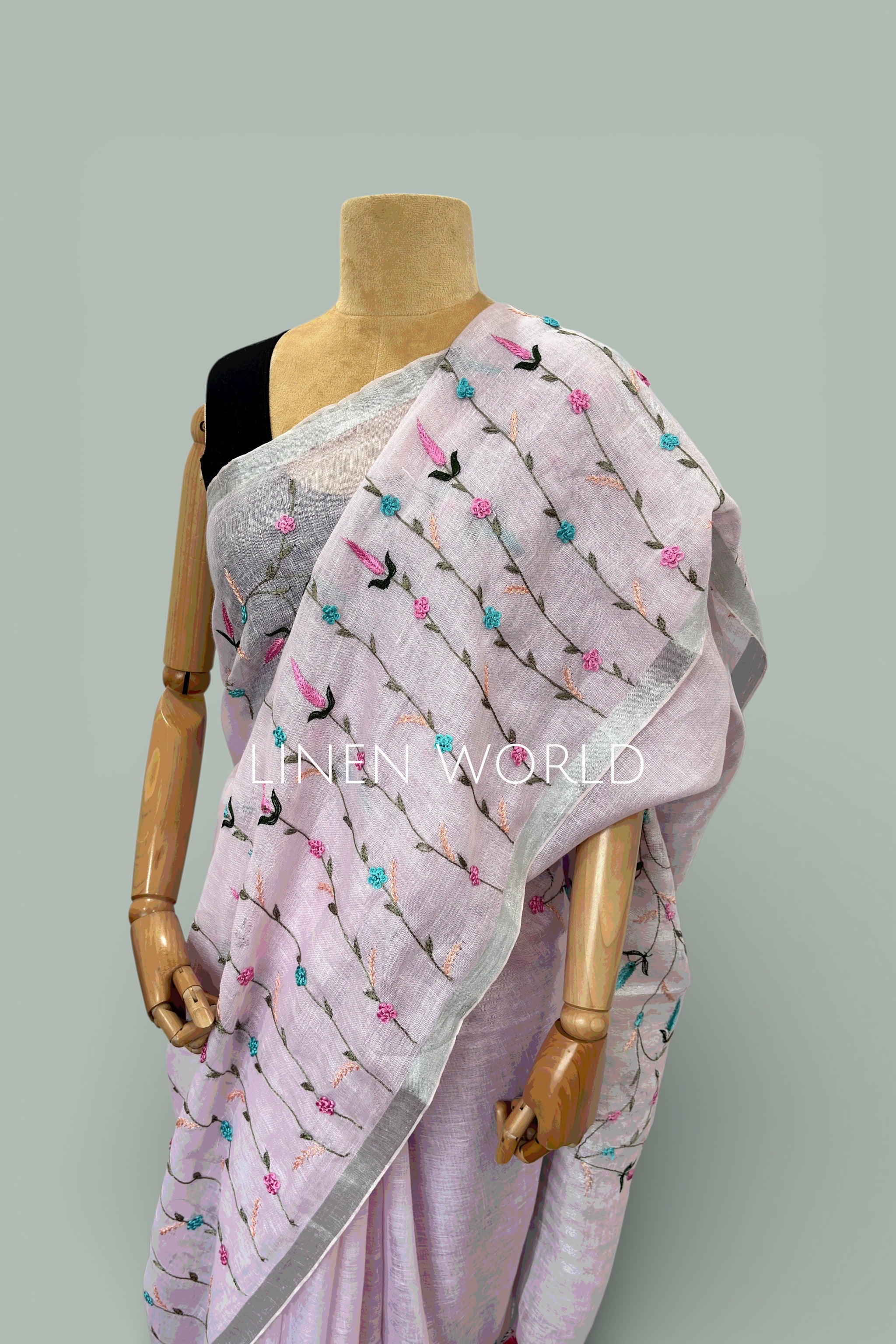 Hand-made French knot work close-up on linen saree by Linen World