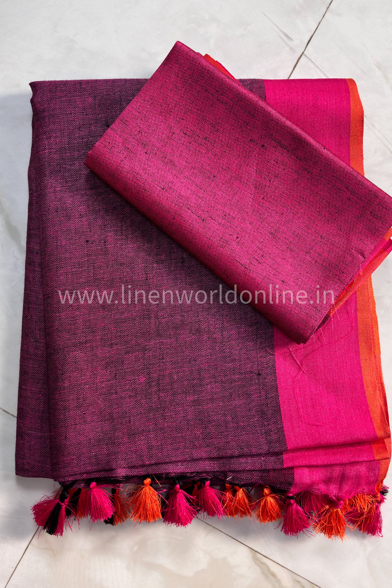 handloom brown pure linen saree with pink and orange border and tassels - linenworldonline.in
