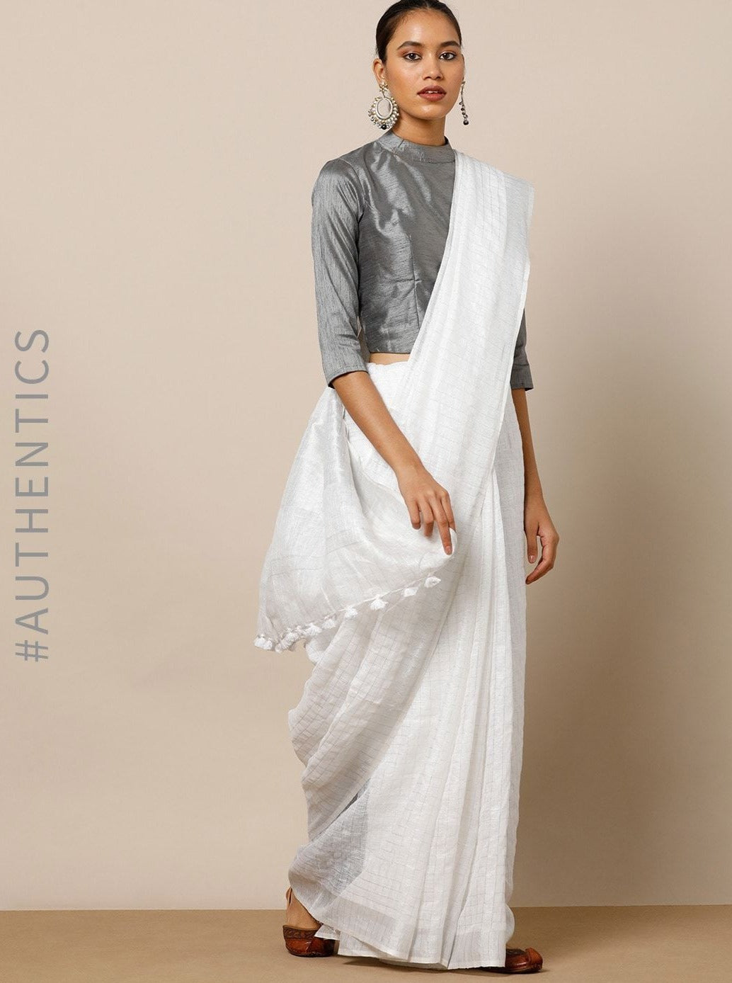 pure linen white saree