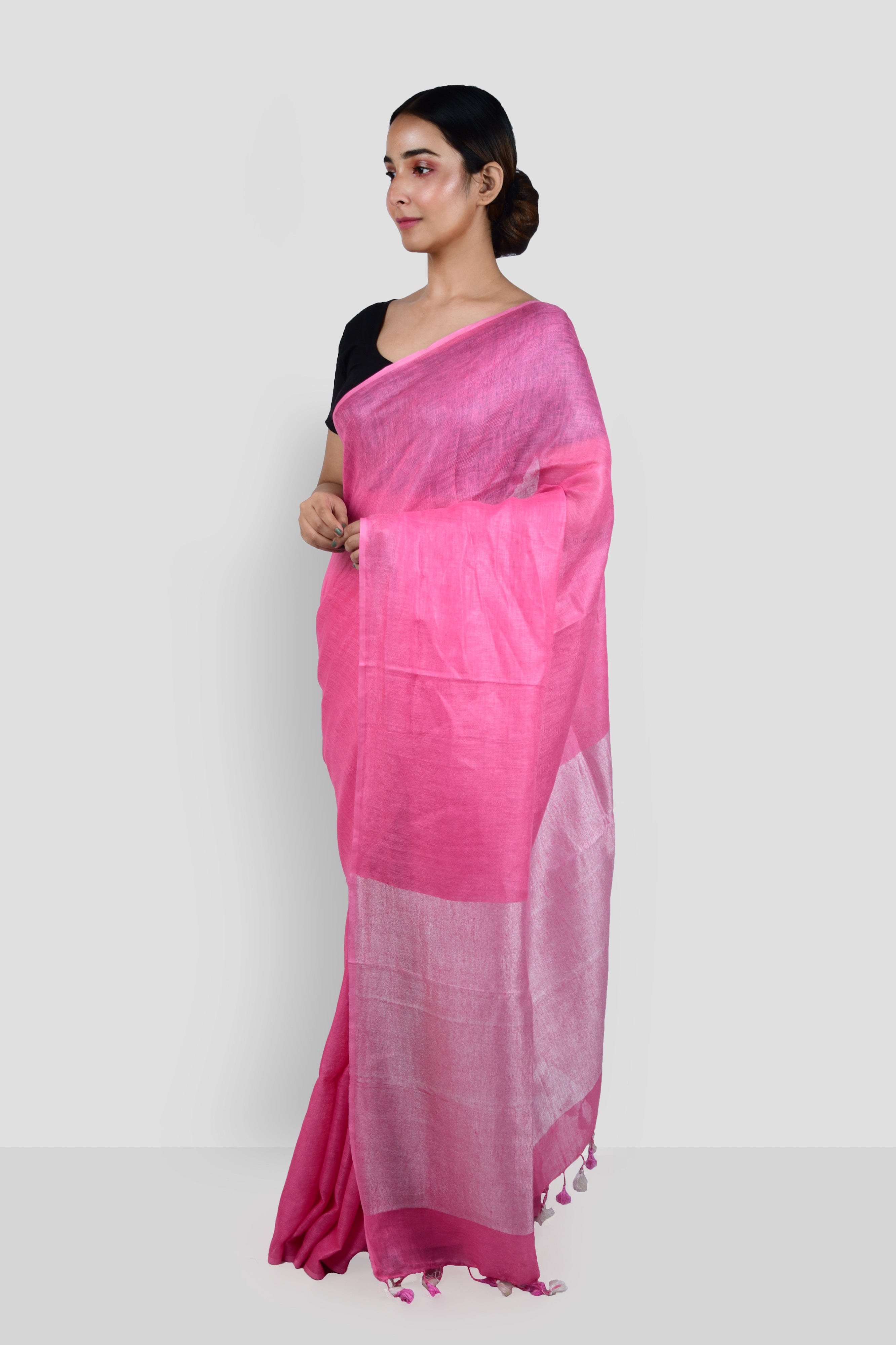 pink handloom pure linen saree - linenworldonline.in