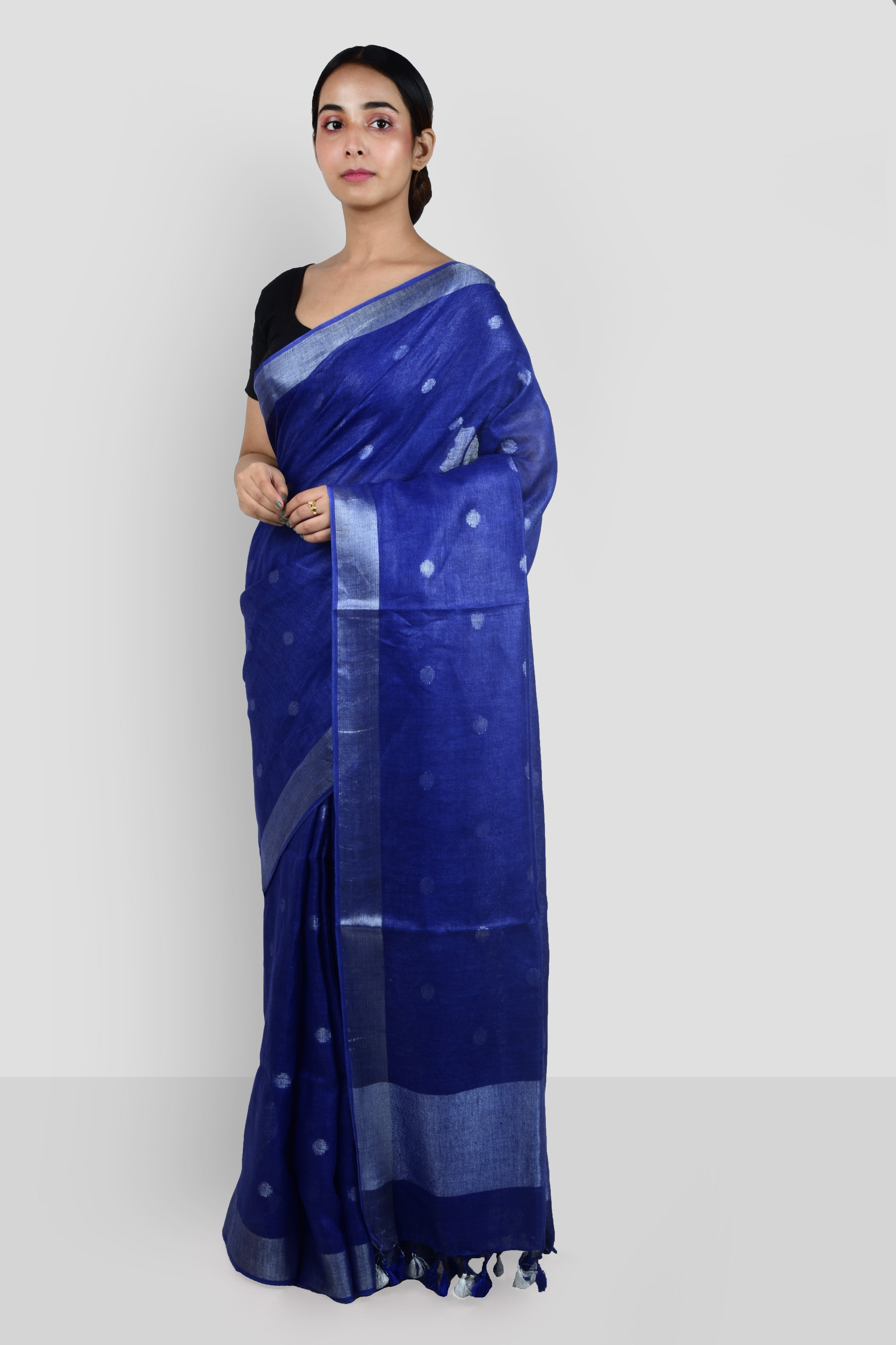 royal blue dobby woven polka handloom pure linen saree - linenworldonline.in