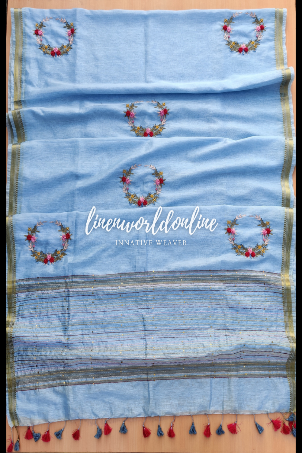 blue embroidered french linen saree - linenworldonline.in
