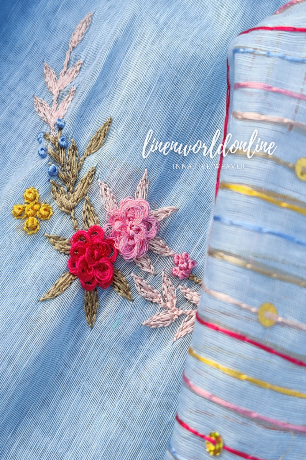 blue embroidered french linen saree - linenworldonline.in