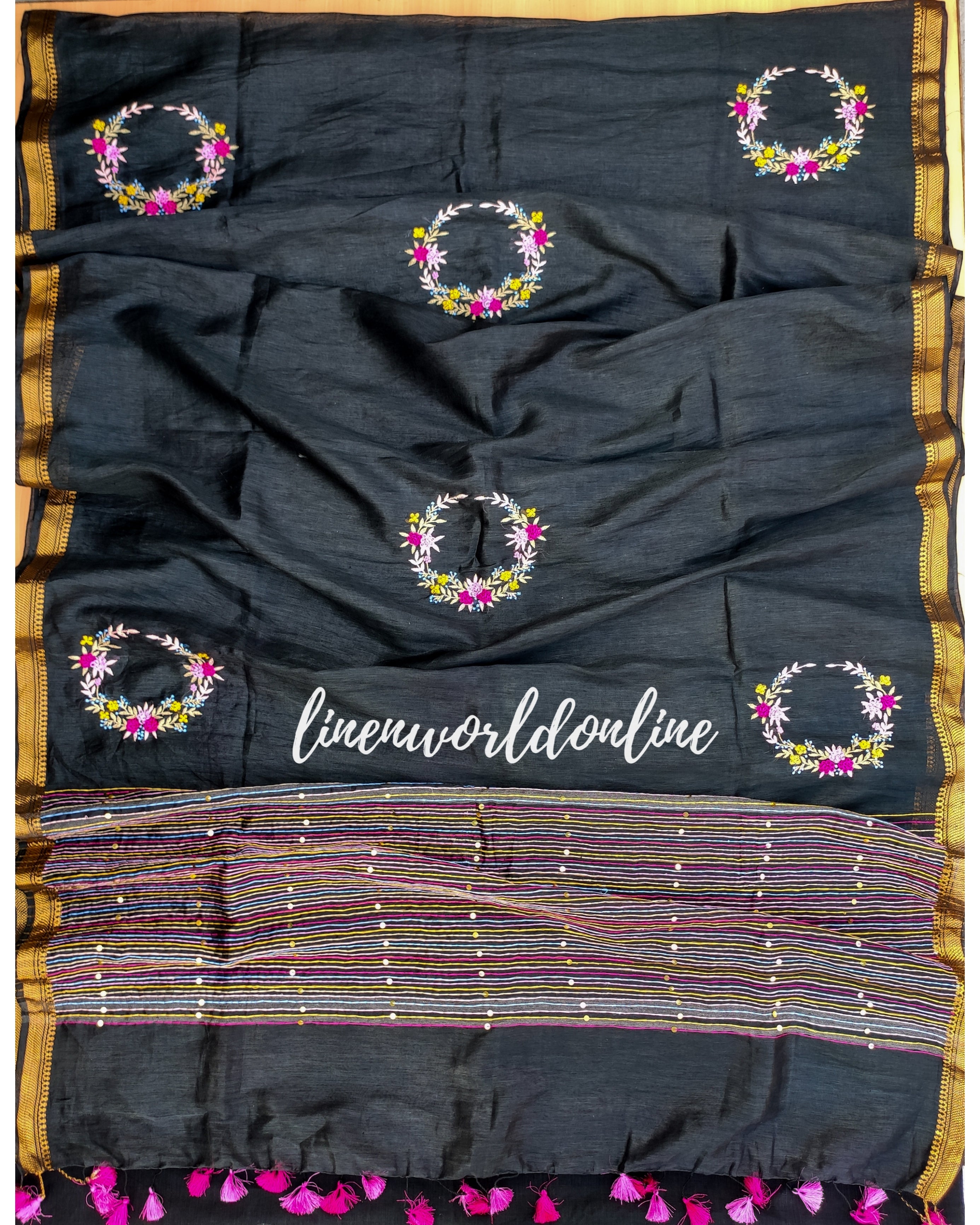 black embroidered french linen saree - linenworldonline.in