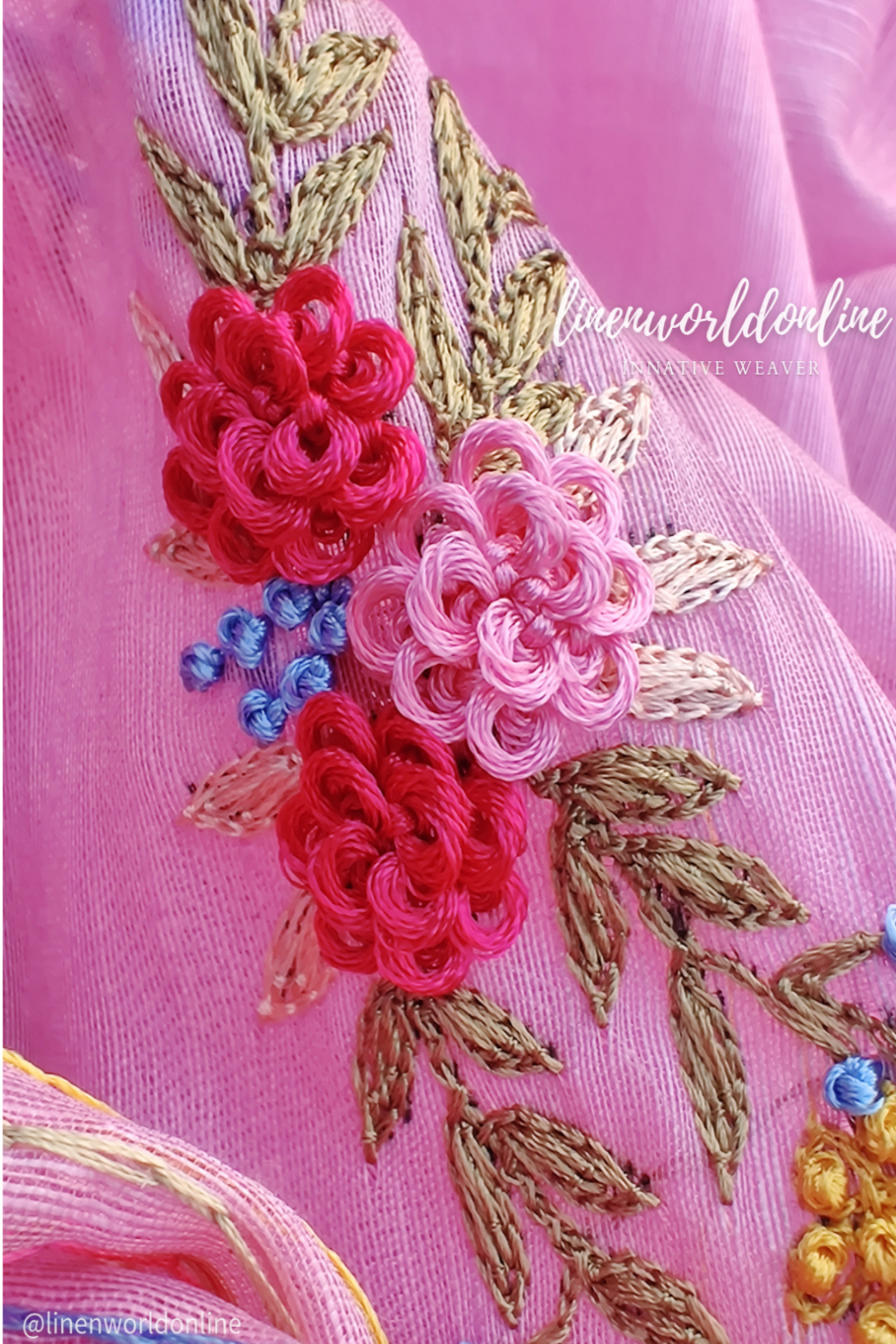 pink embroidered french linen saree - linenworldonline.in