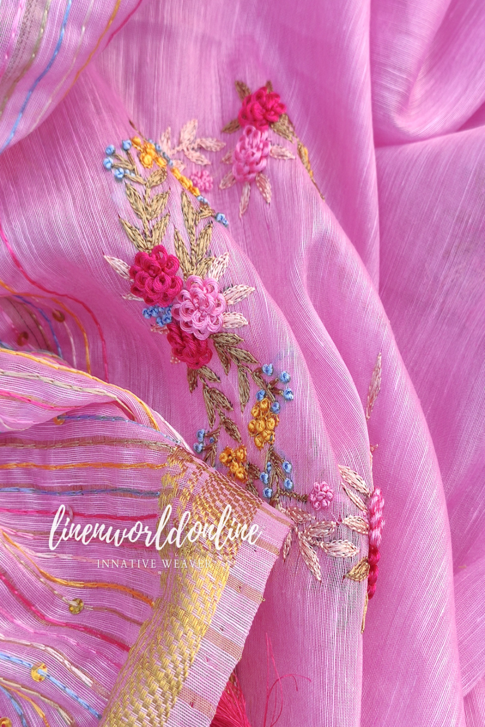 pink embroidered french linen saree - linenworldonline.in