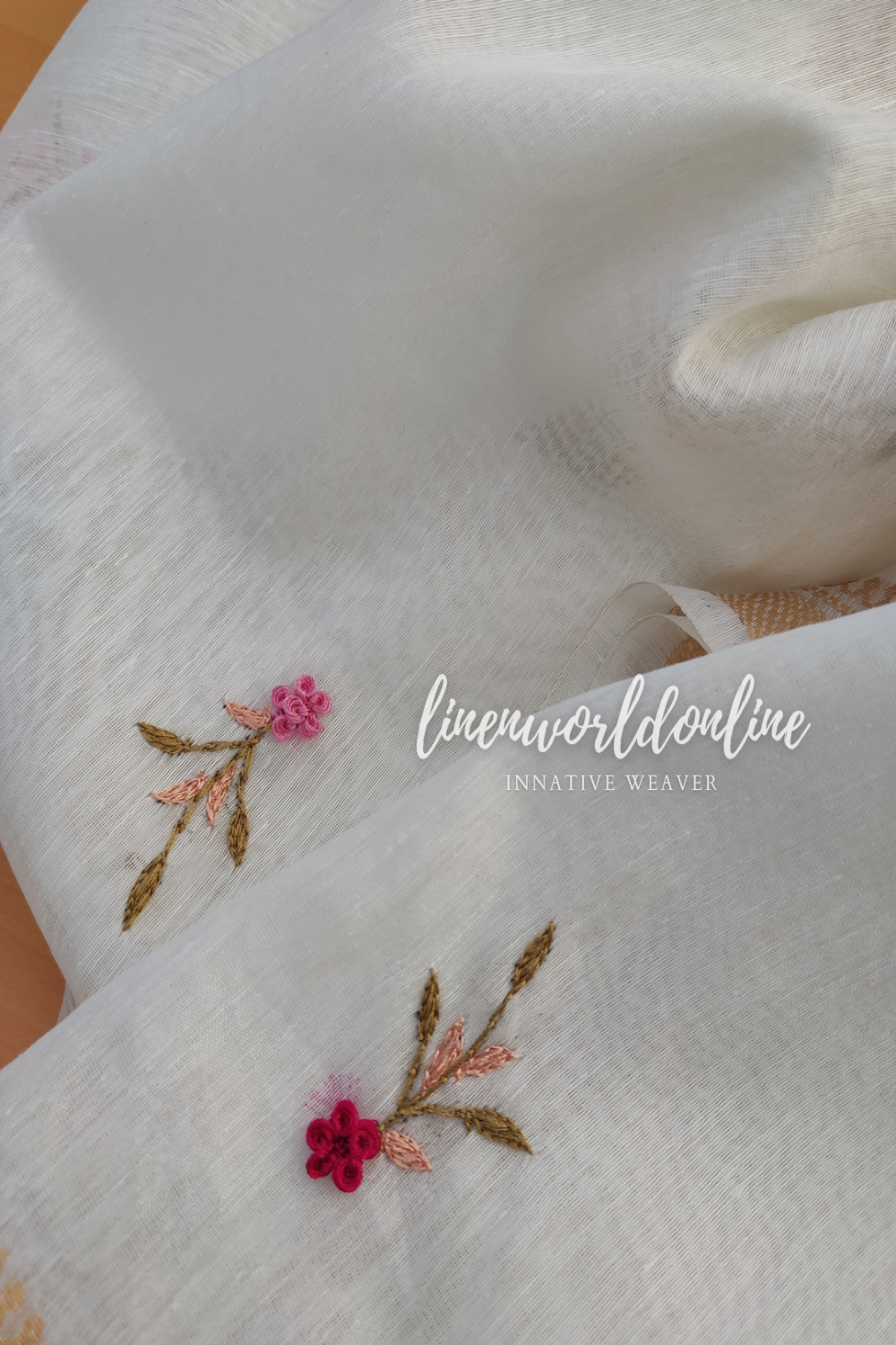 white french knot embroidered linen saree - linenworldonline.in