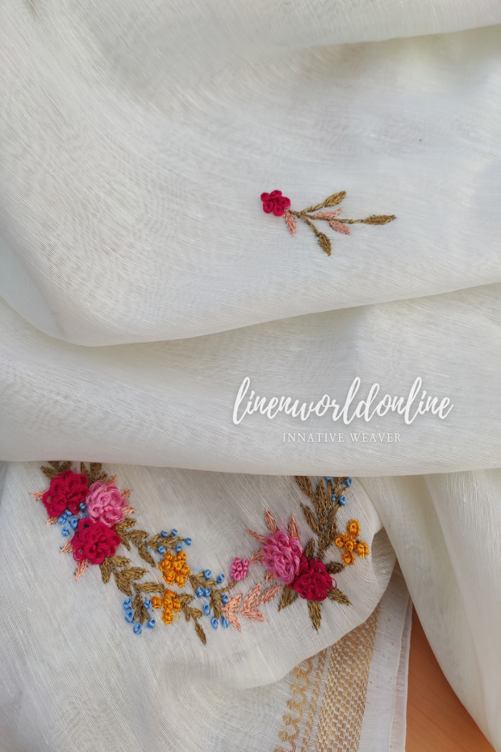 white embroidered french linen saree - linenworldonline.in