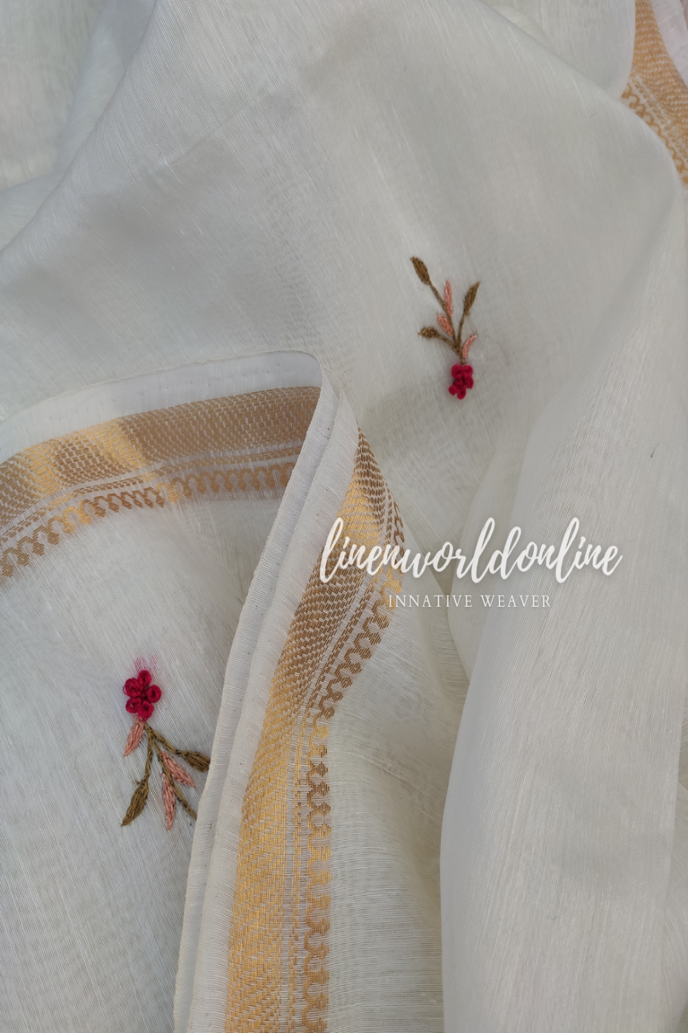 white embroidered french linen saree - linenworldonline.in