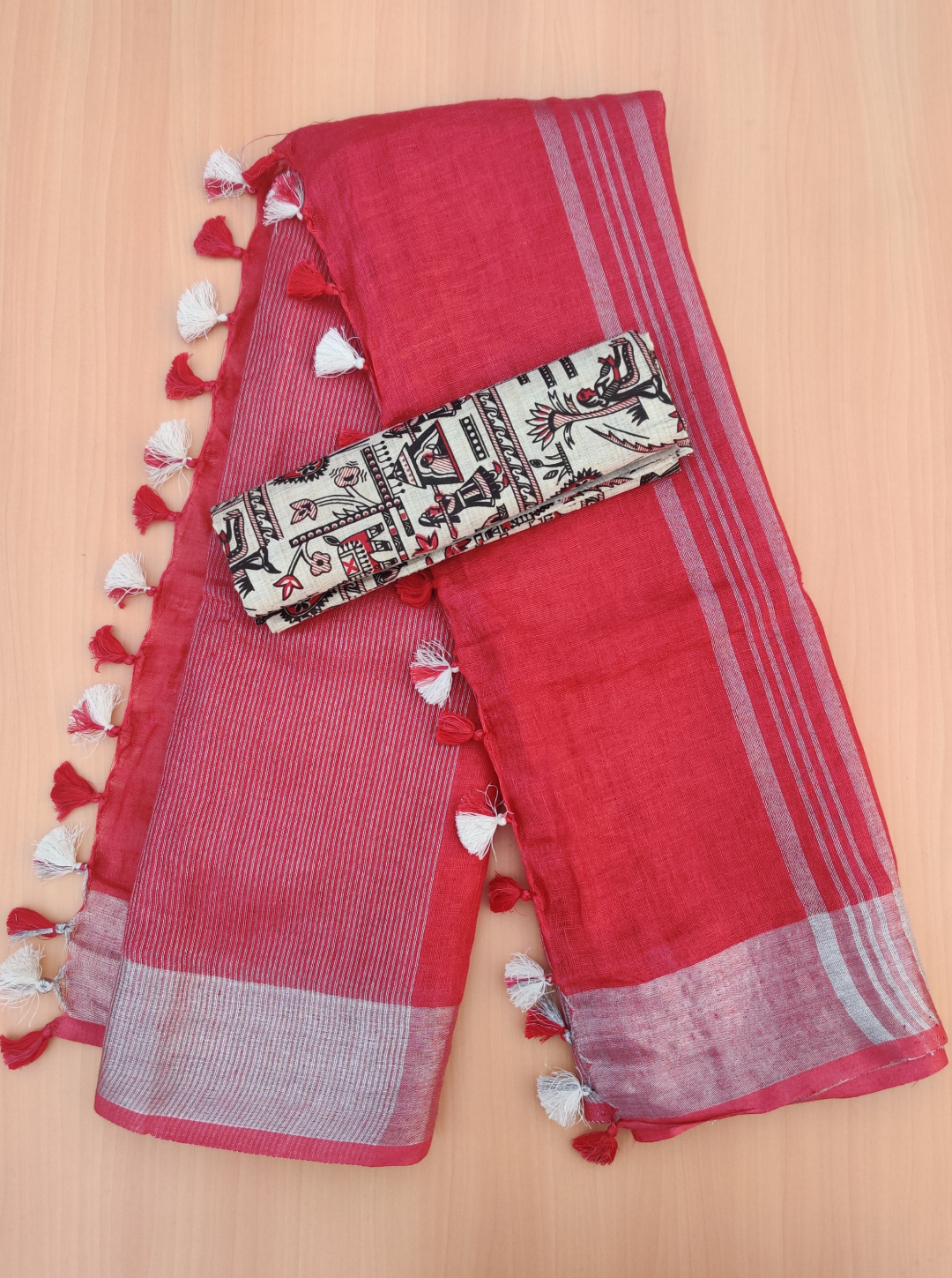 pure linen saree with printed blouse - linenworldonline.in