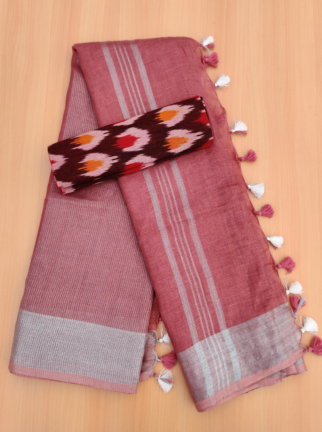 pure linen saree with printed blouse - linenworldonlin.in