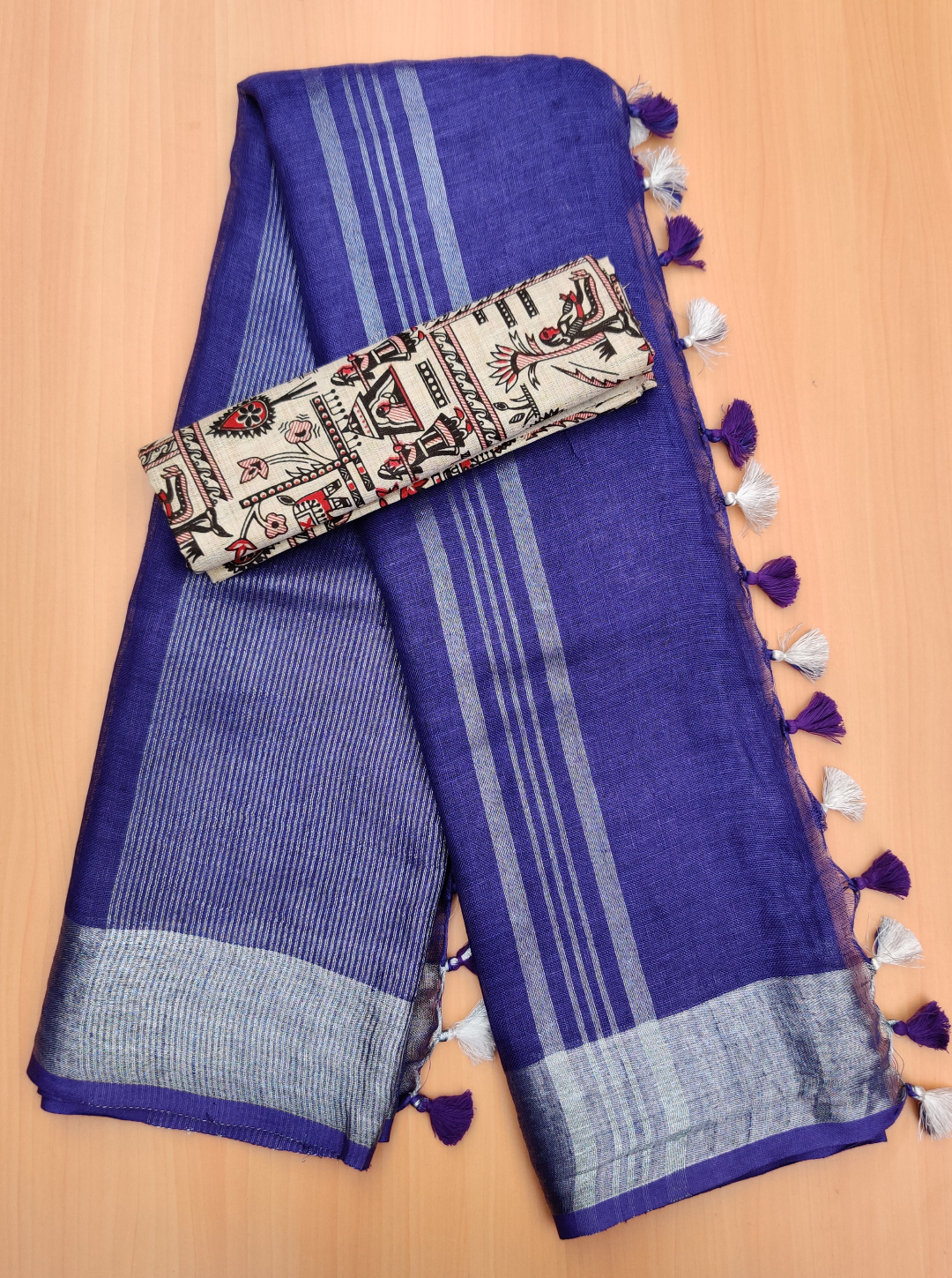 pure linen saree with printed blouse - linenworldonline.in