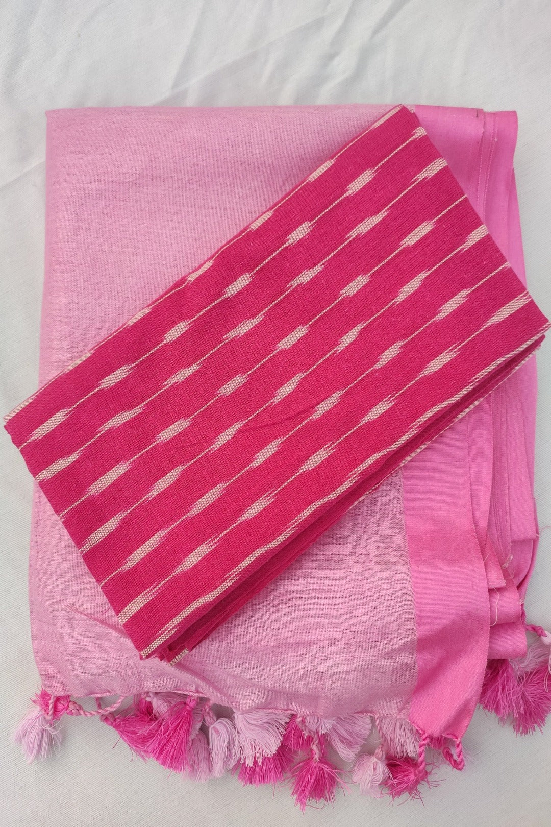 pink pure cotton saree with ikat blouse - linenworldonline