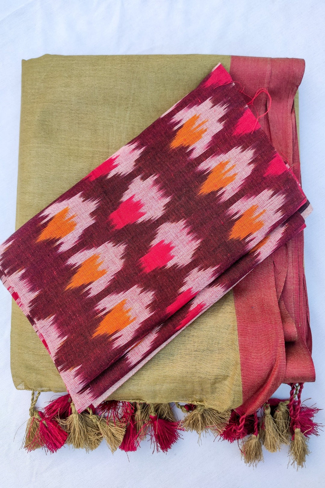 amrara khaki pure cotton saree with ikat blouse - linenworldonline