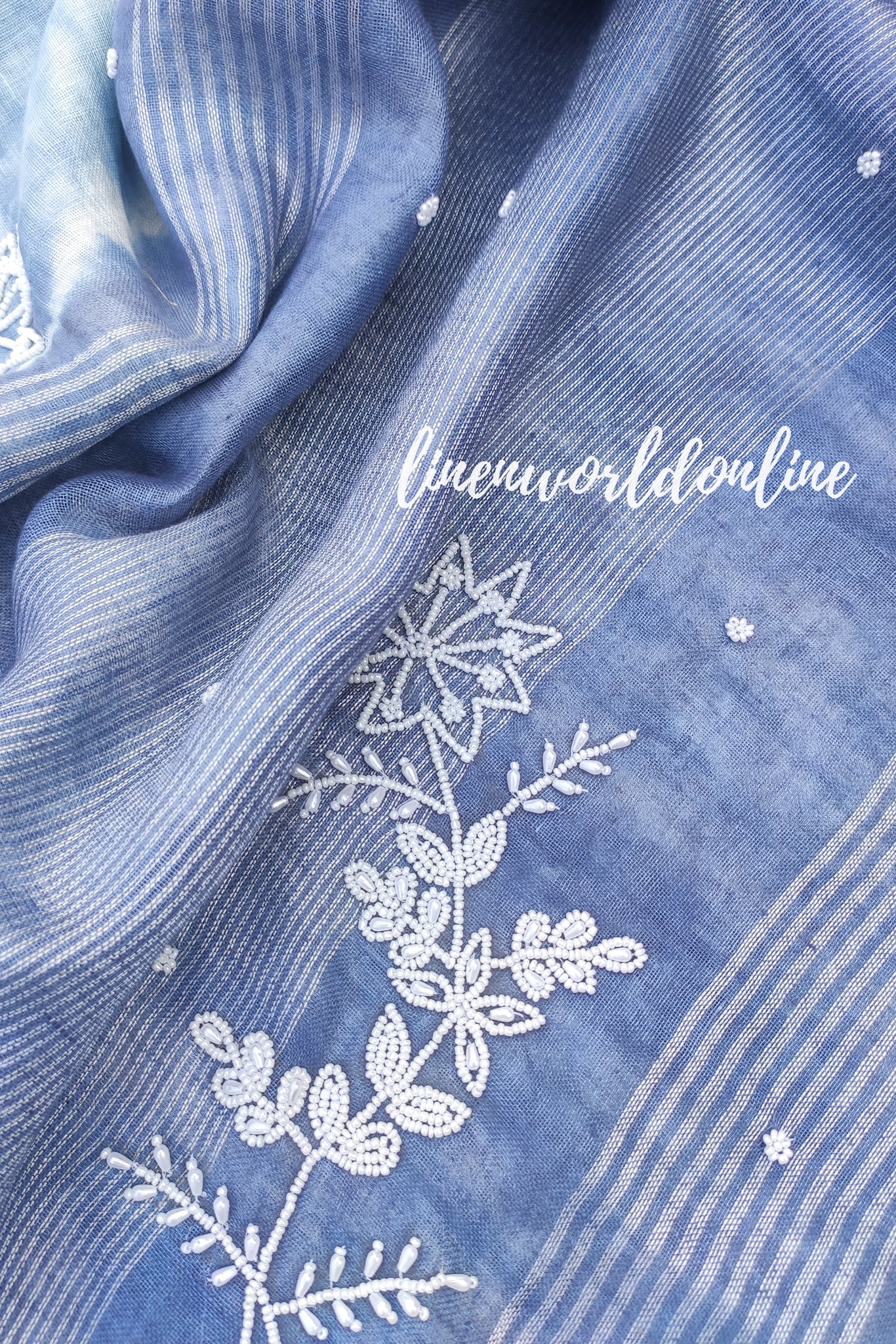 blue and white pure linen shibori handembroidery saree - linenworldonline.in