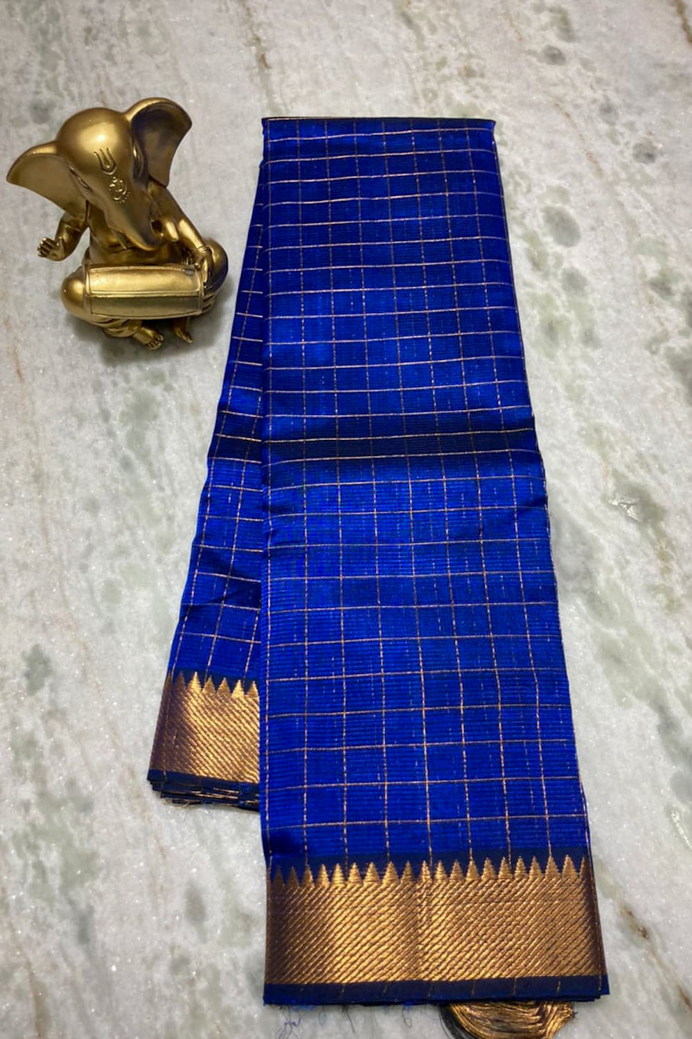 royal blue mangalagiri cotton checkered soft silk saree - linenworldonline.in