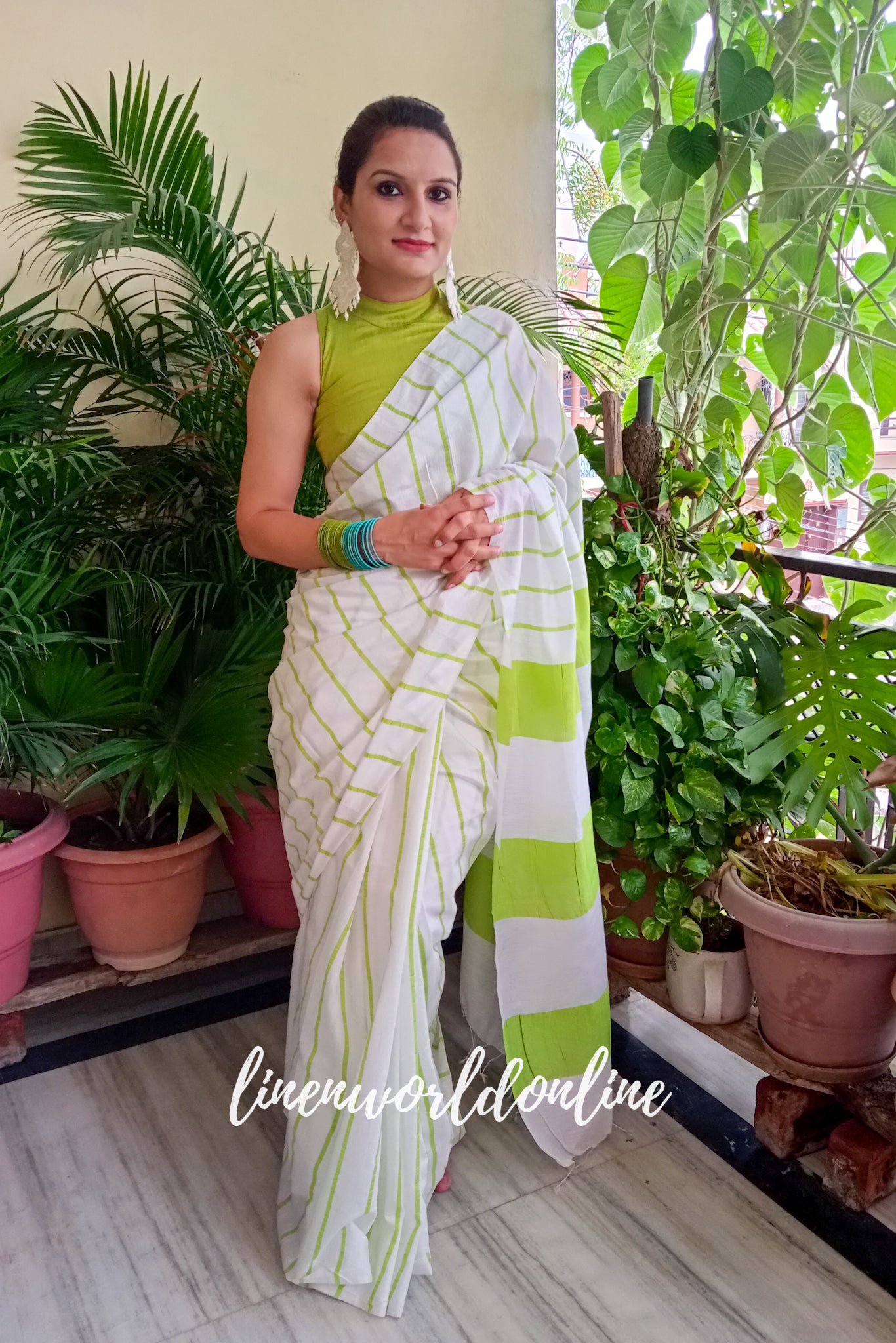 white cotton silk saree with parrot green stripes - linenworldonline.in