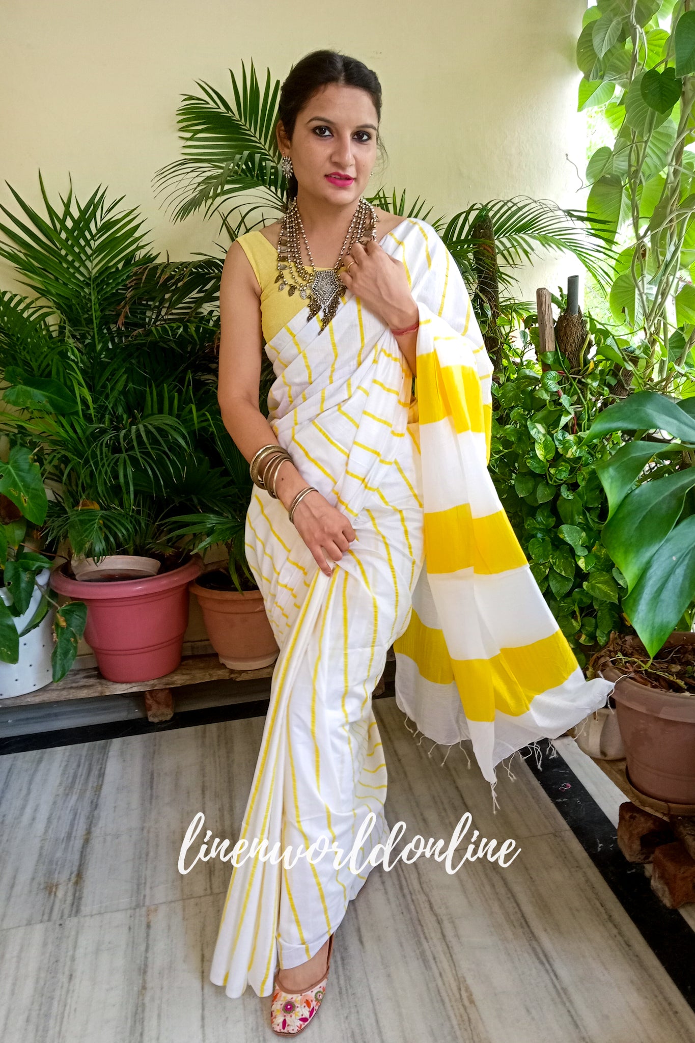 white cotton silk saree with yellow stripes - linenworldonline.in