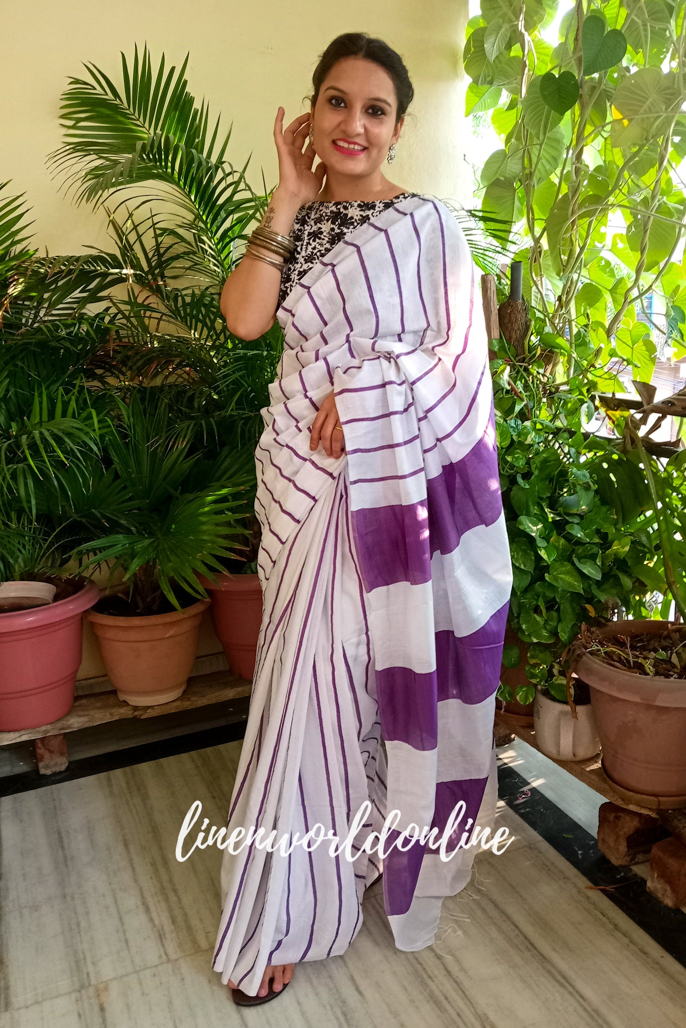 white cotton silk saree with purple stripes - linenworldonline.in