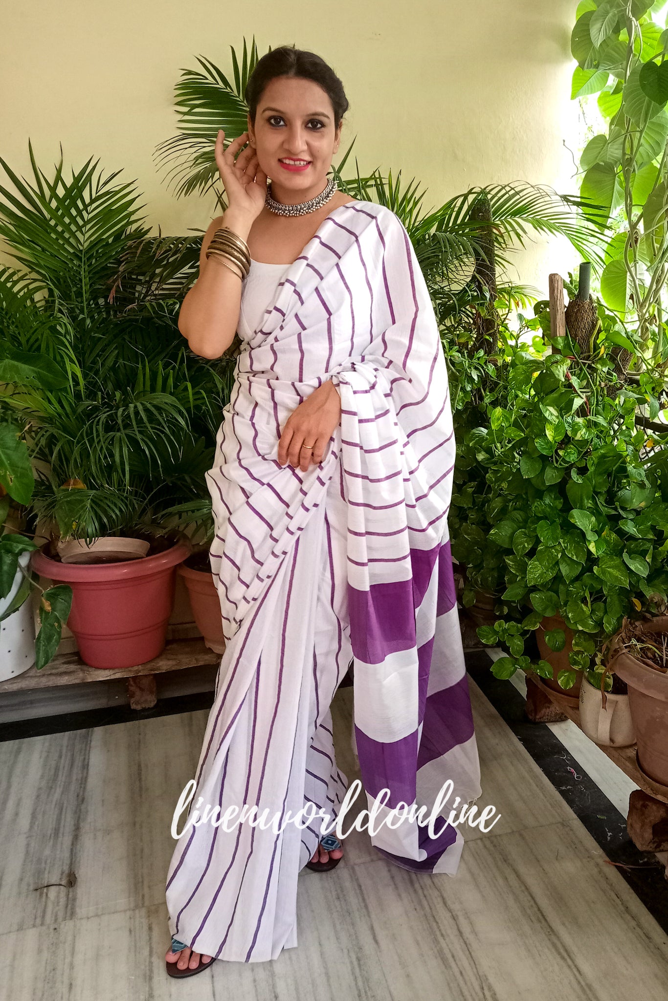 white cotton silk saree with purple stripes - linenworldonline.in