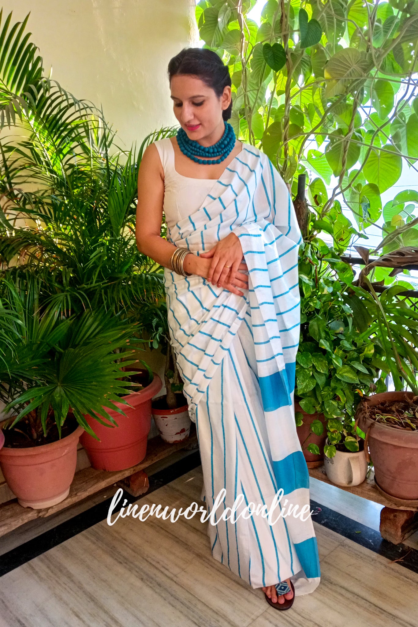 white cotton silk saree with blue stripes - linenworldonline.in