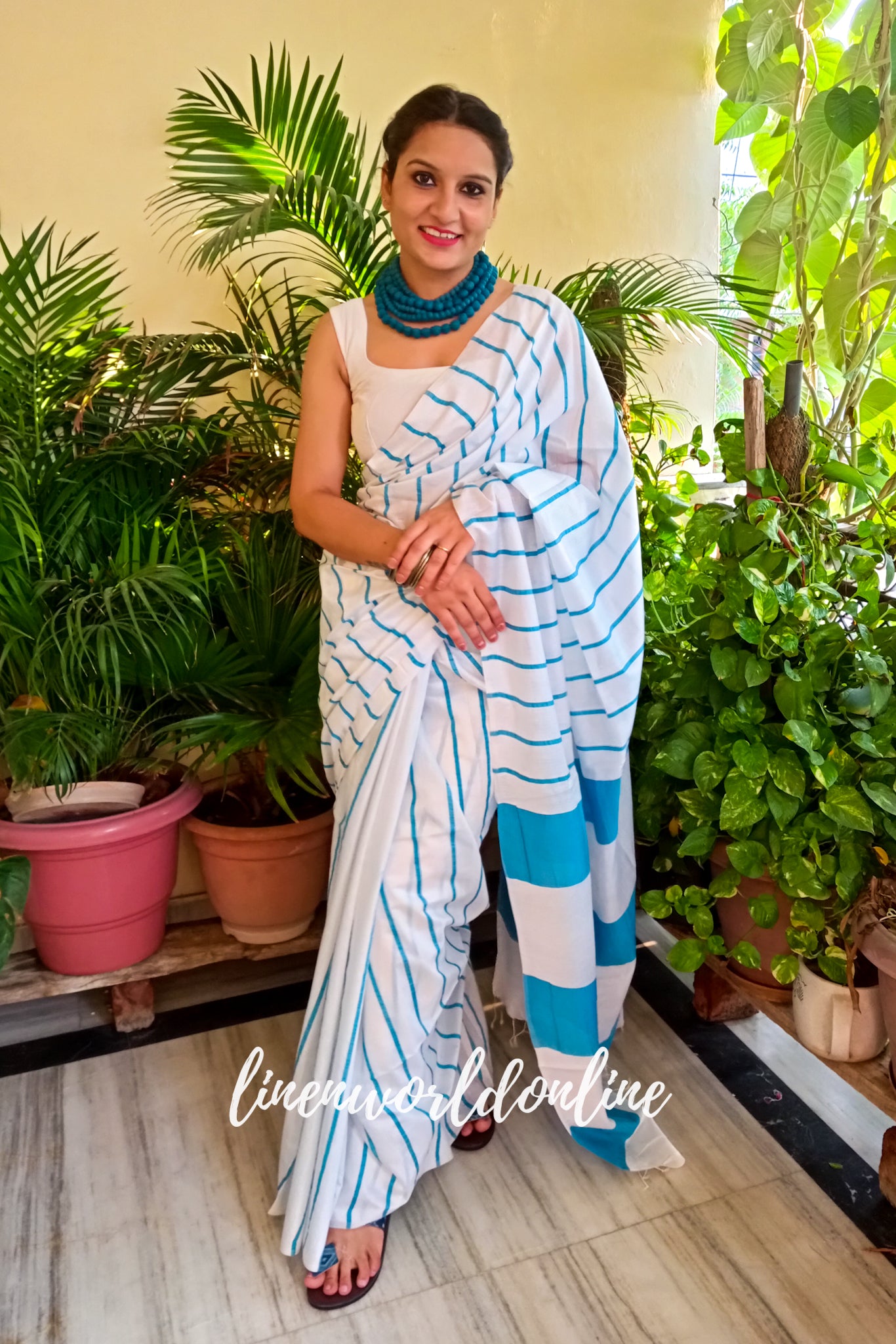 white cotton silk saree with blue stripes - linenworldonline.in