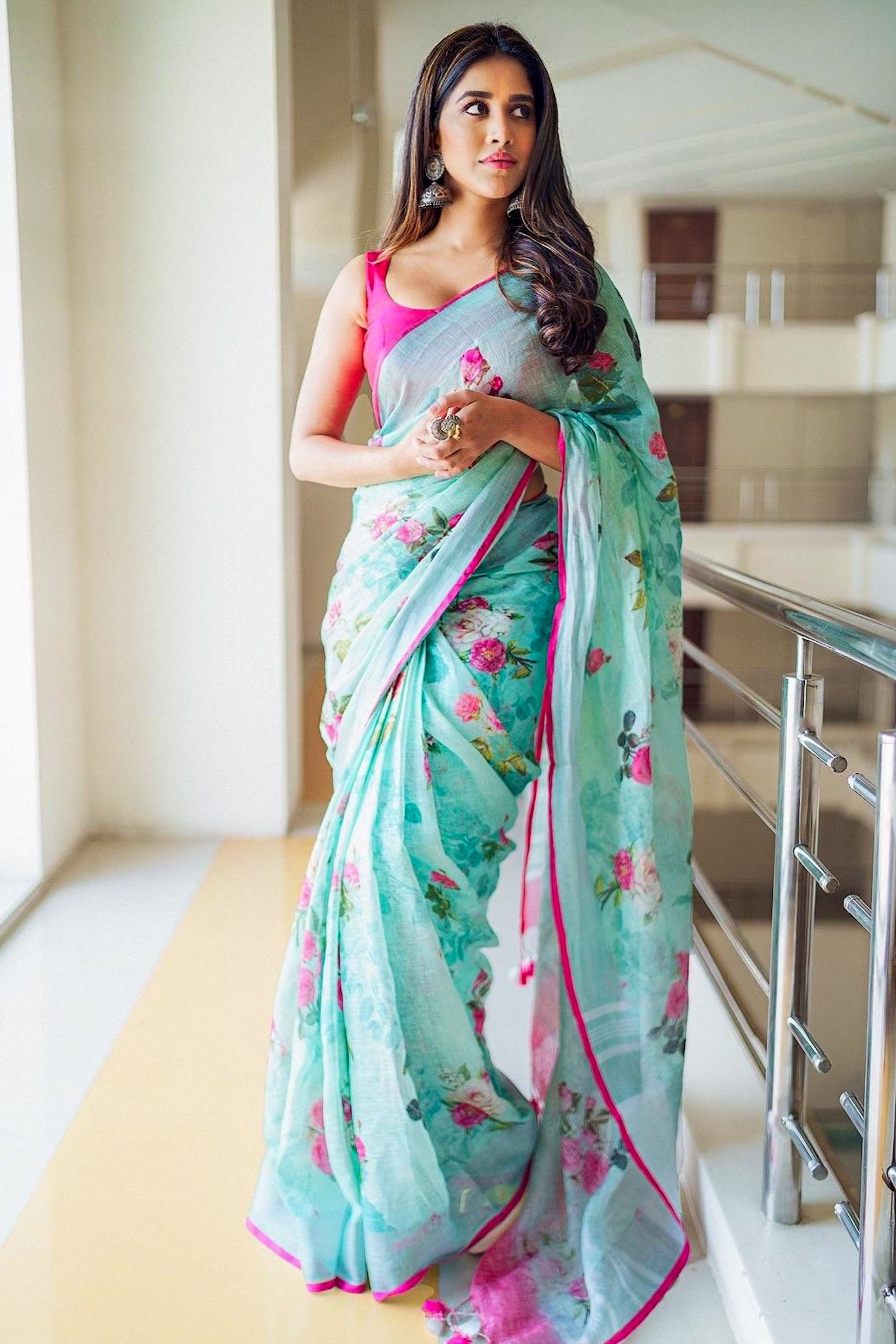 nabha natesh in floral digital printed handloom pure linen saree - linenworldonline.in